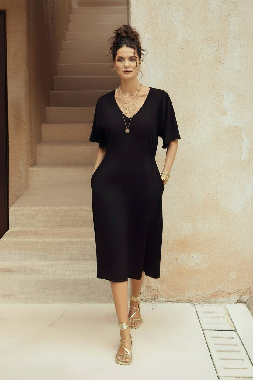 Harla 100% black cotton muslin kaftan dress and gladiator style gold sandals