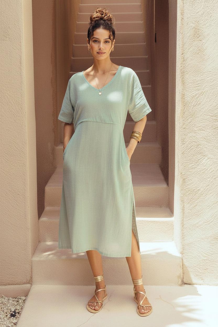 Harla 100% light blue cotton muslin kaftan dress with gladiator gold sandals