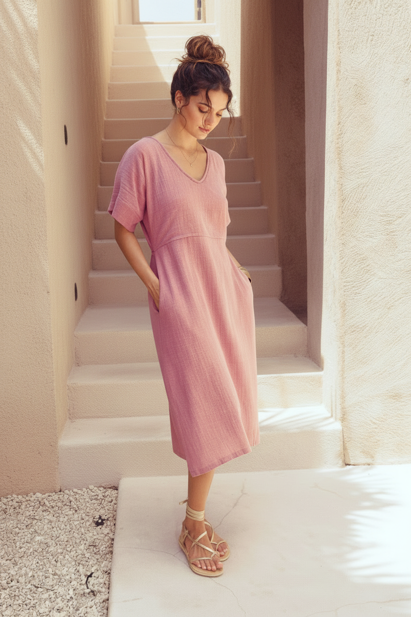 Bella Cotton Dress ~ Dusty Pink
