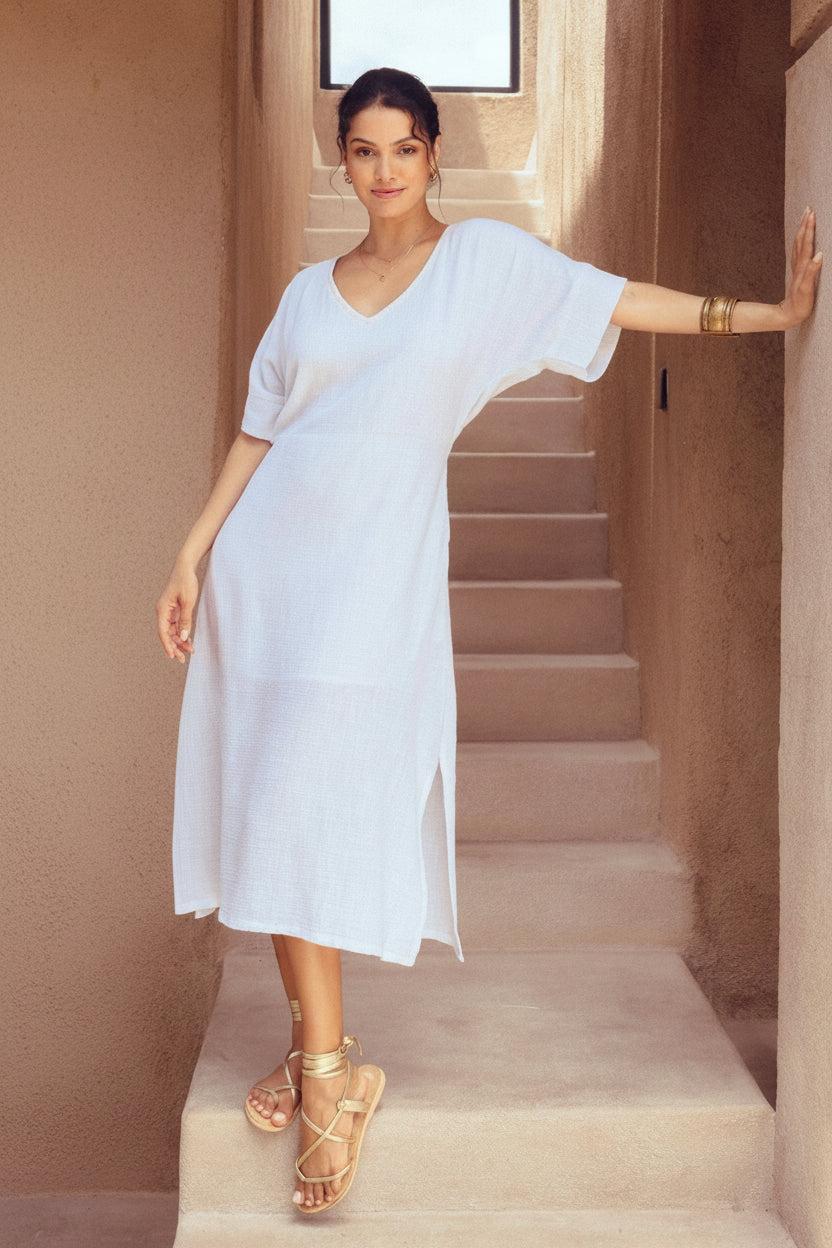 Harla 100% white cotton muslin kaftan dress