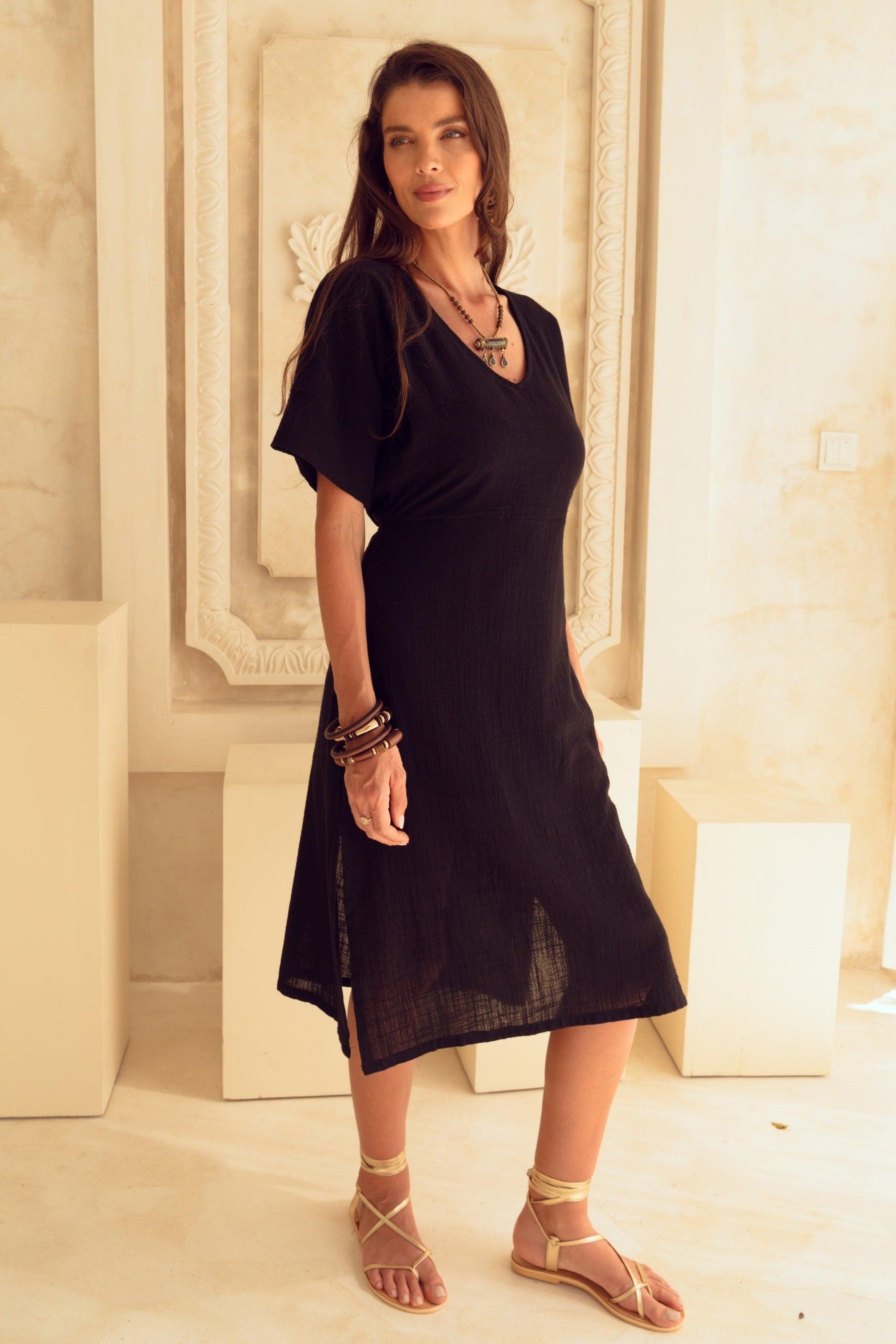 Harla black cotton midi kaftan
