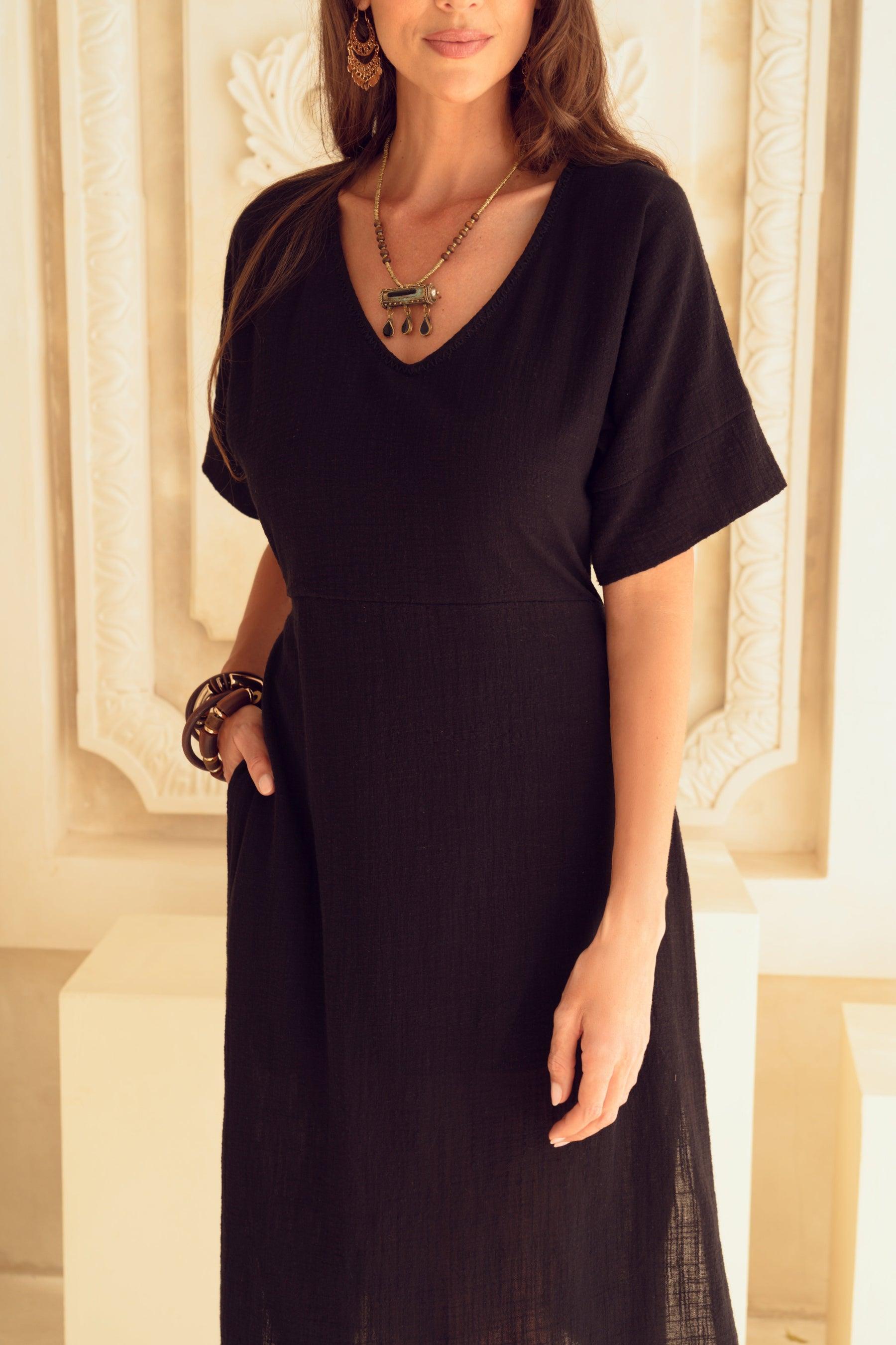 Harla black cotton midi kaftan
