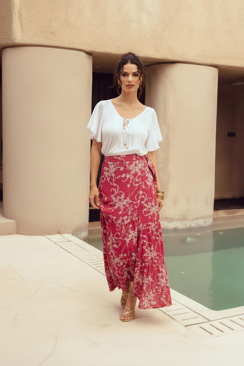 Harla red floral maxi wrap skirt with white bell sleeve blouse