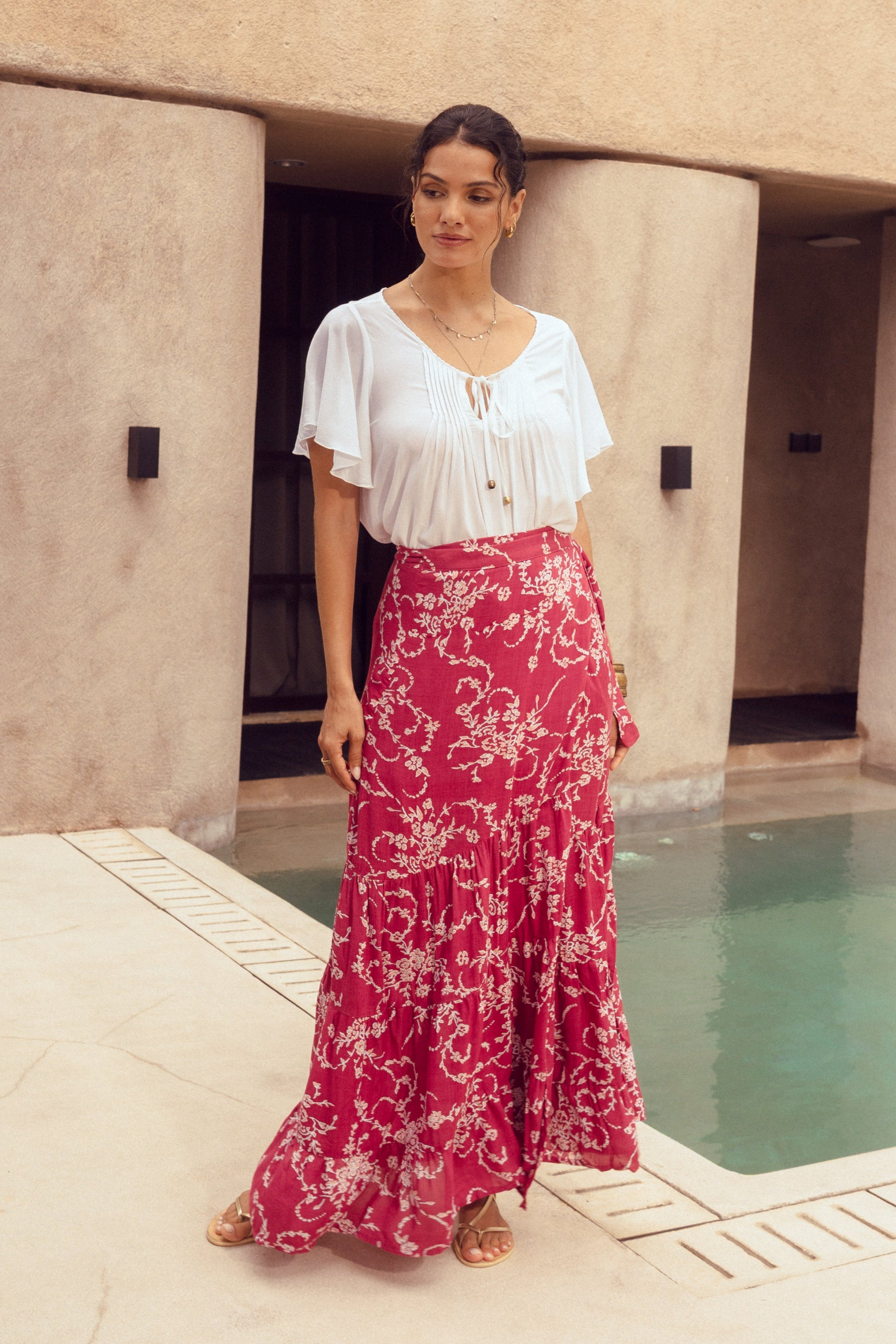 Harla red floral maxi wrap skirt with white bell sleeve blouse