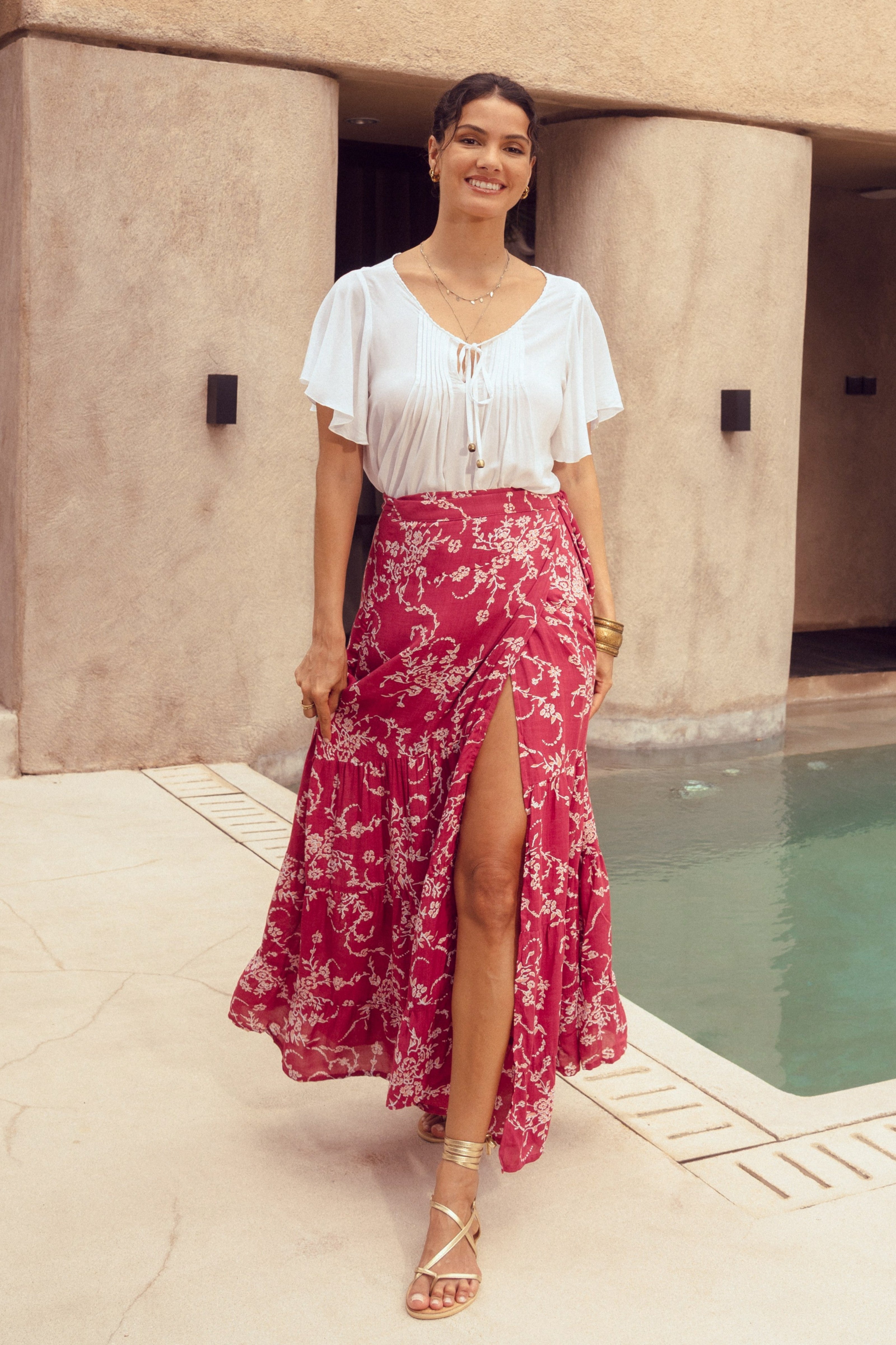 Harla red floral maxi wrap skirt with white bell sleeve blouse