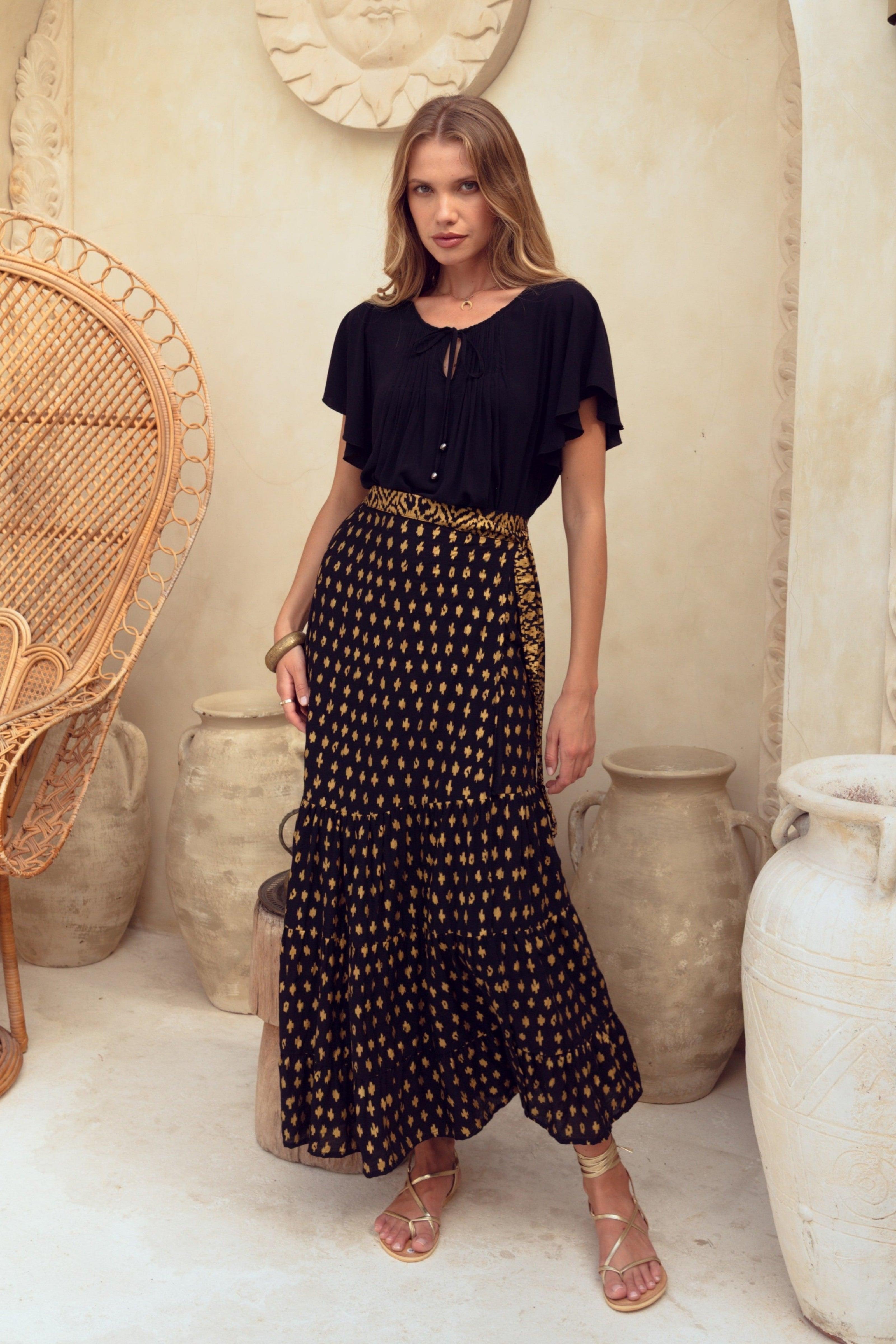 Harla black and shimmering gold print maxi wrap skirt