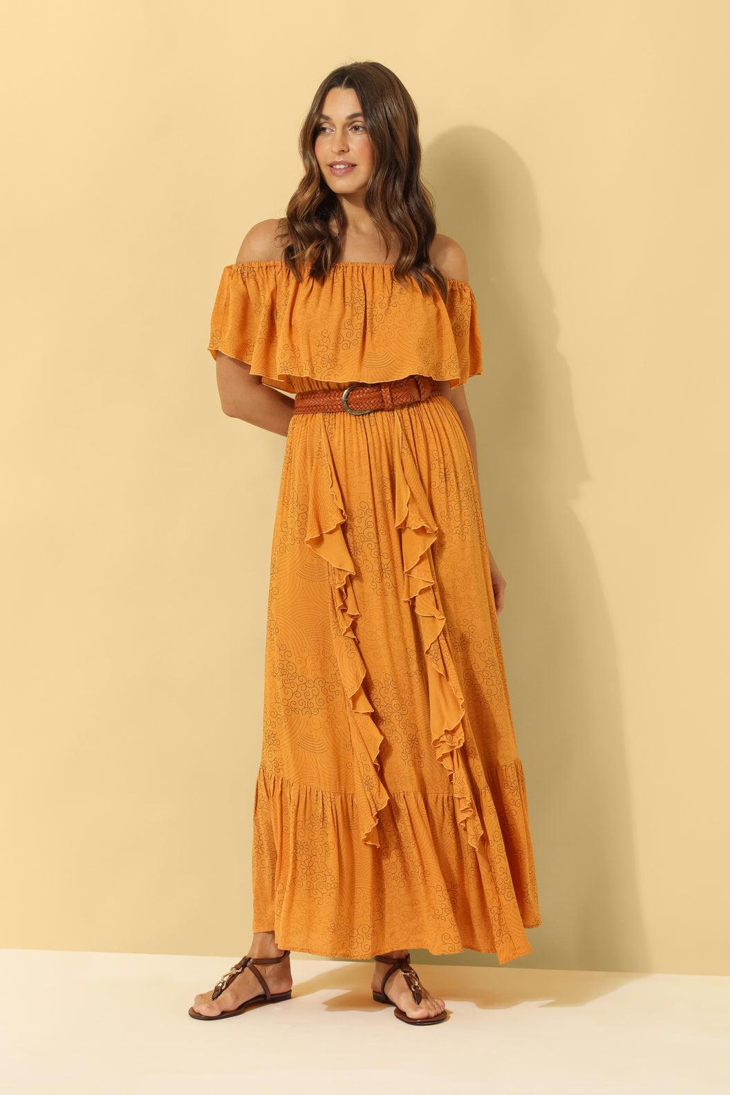 Carmen Frill Maxi Dress ~ Burnt Orange