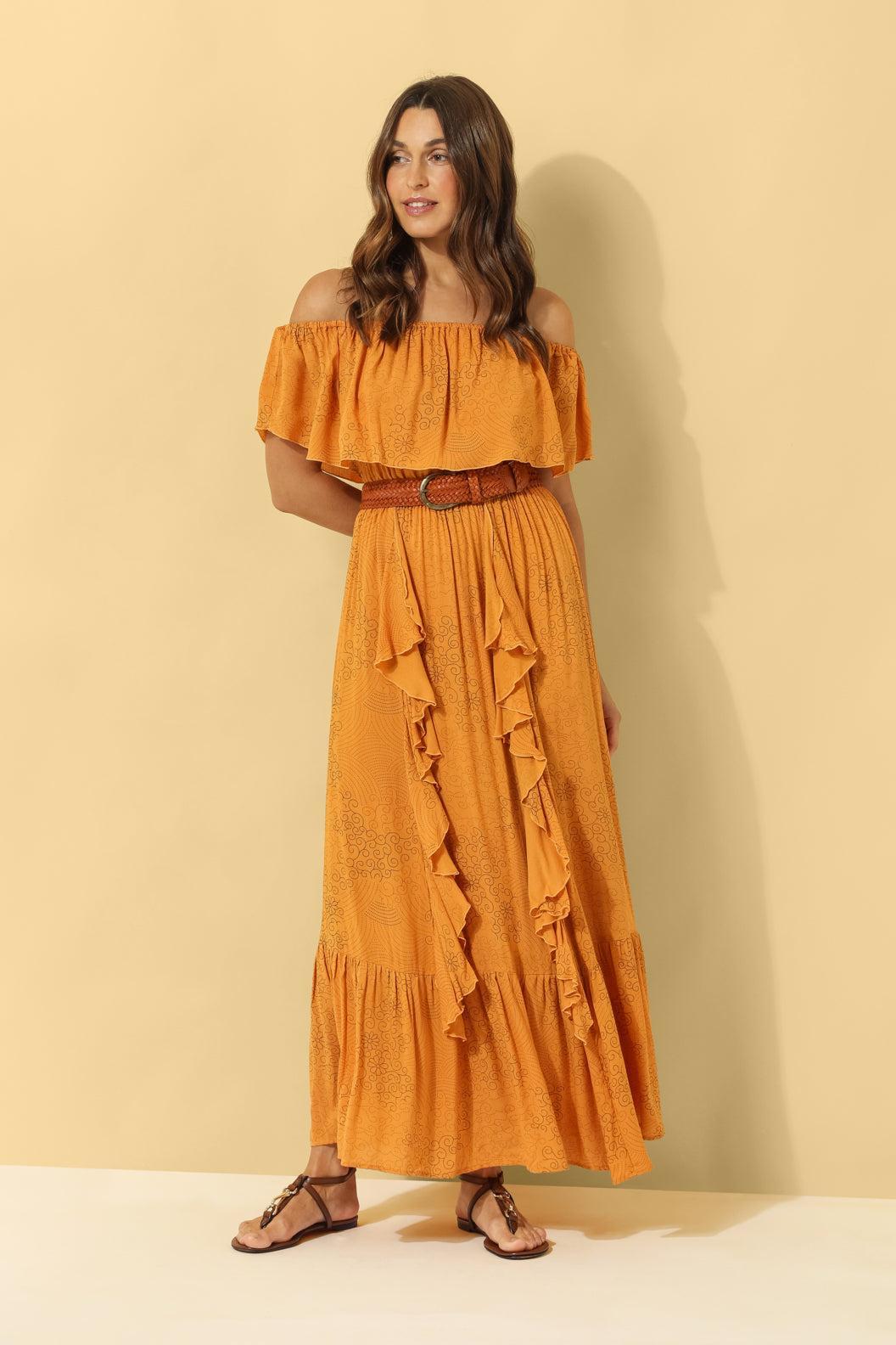 Harla off the shoulder maxi frill dress burnt orange print