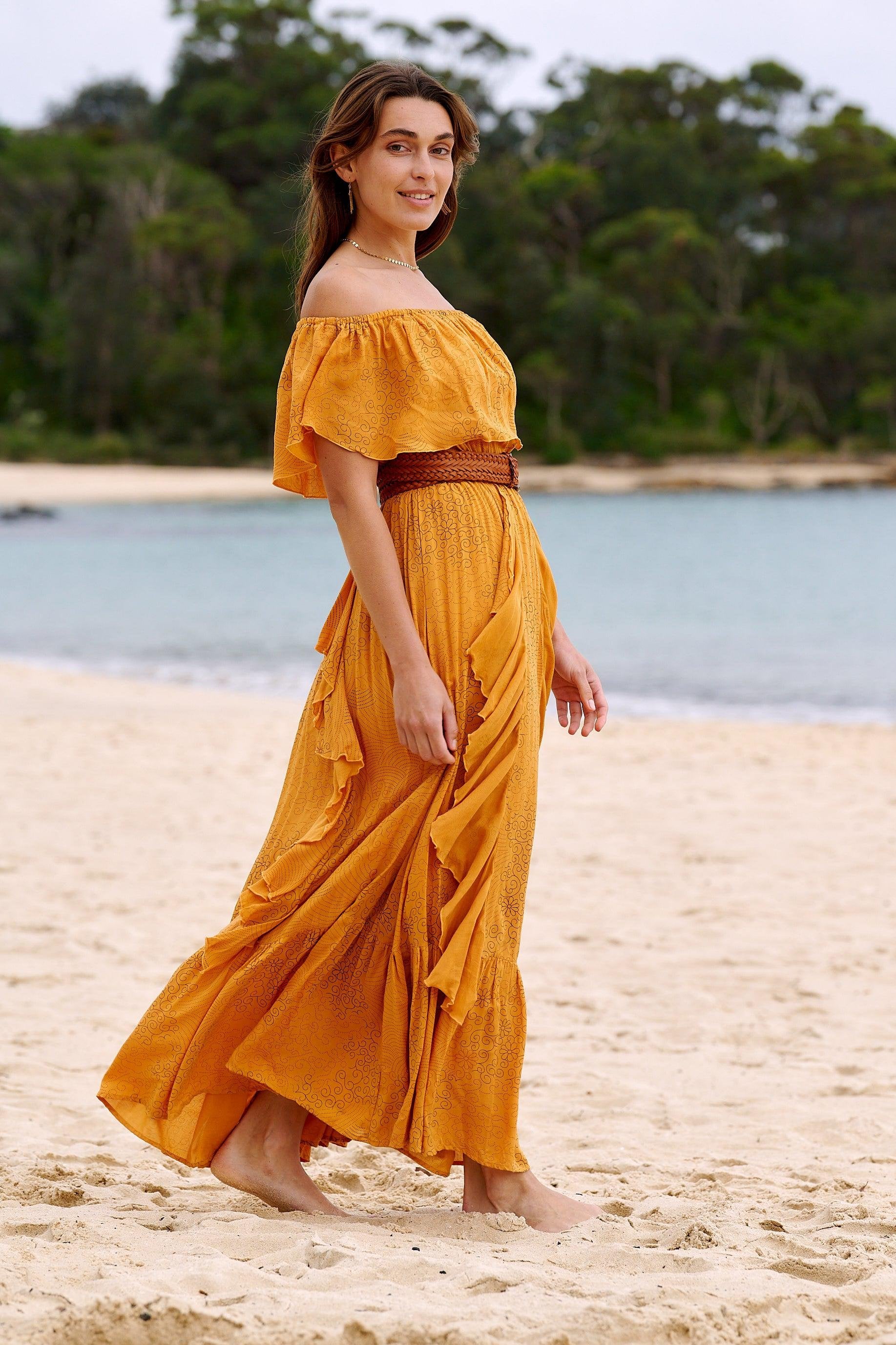 Carmen Frill Maxi Dress ~ Burnt Orange