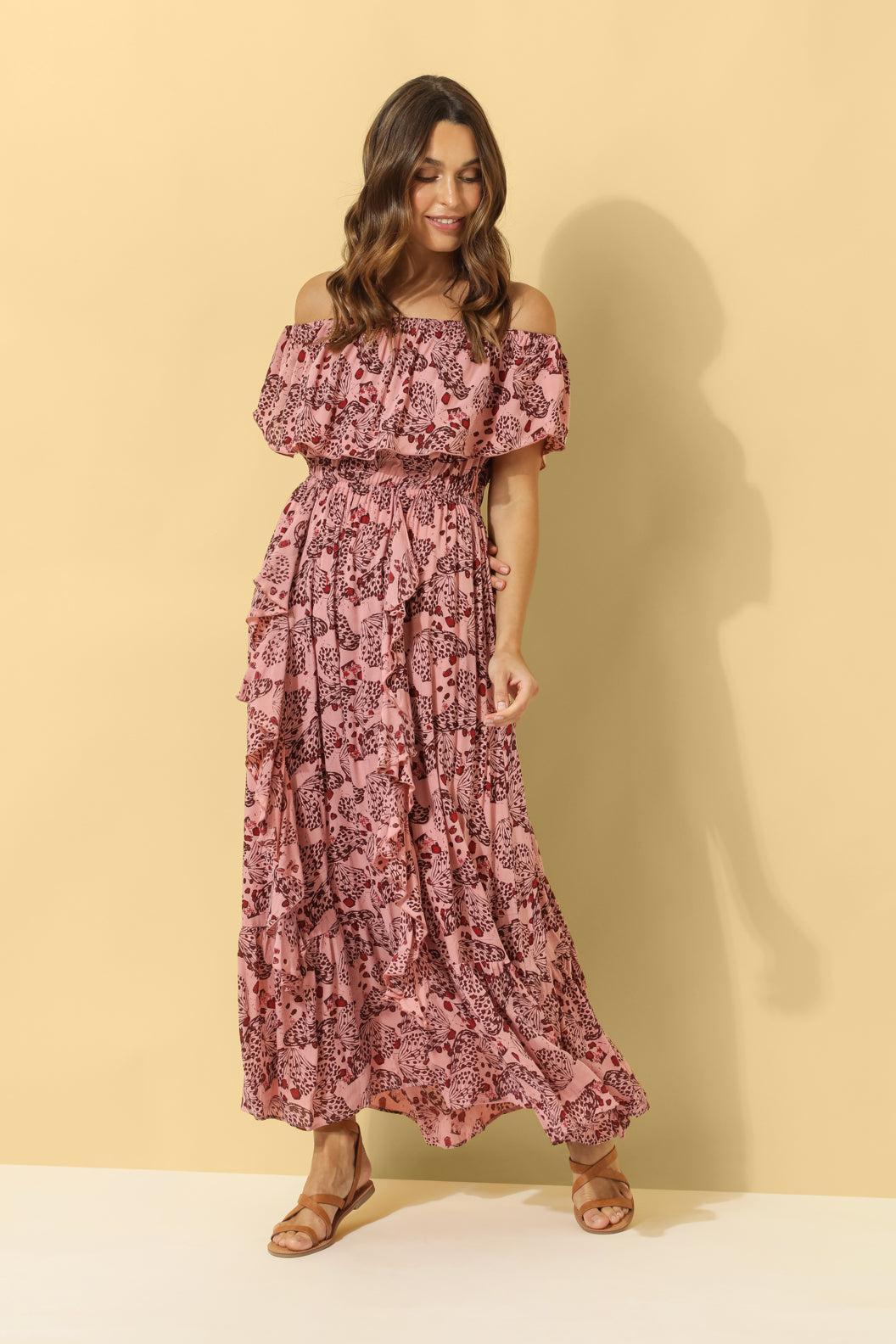 Harla off the shoulder maxi frill dress dusty pink butterfly print