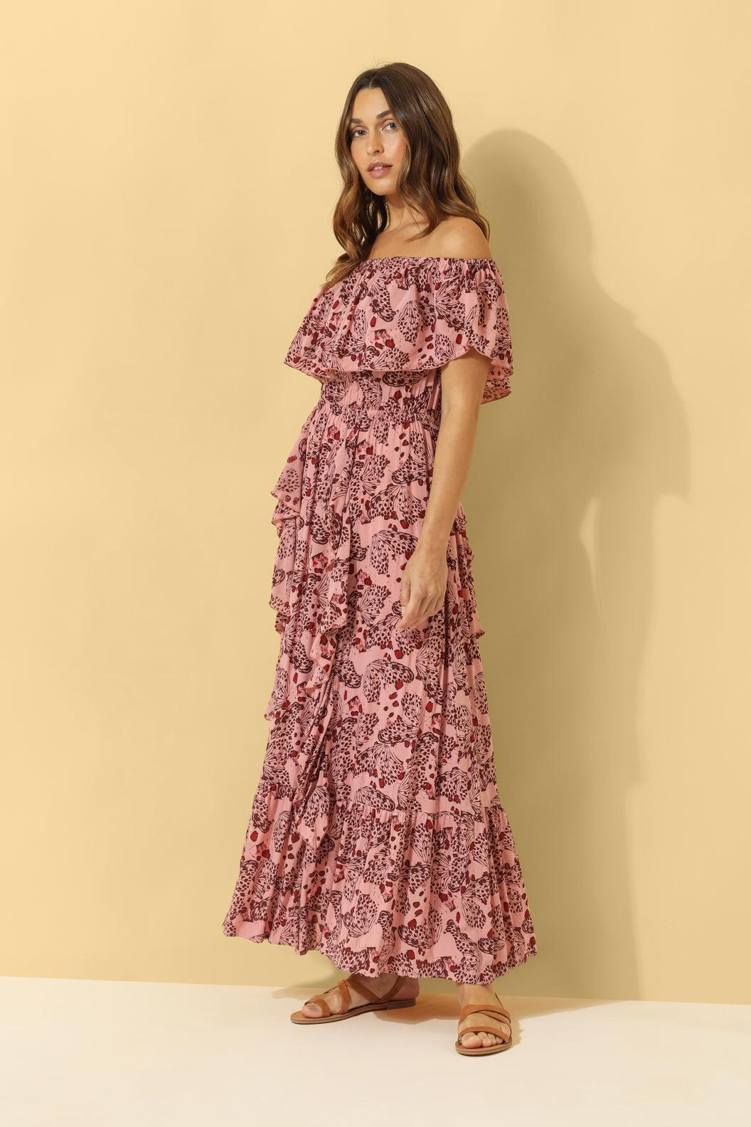 Carmen Frill Maxi Dress ~ Dusty Pink Butterfly