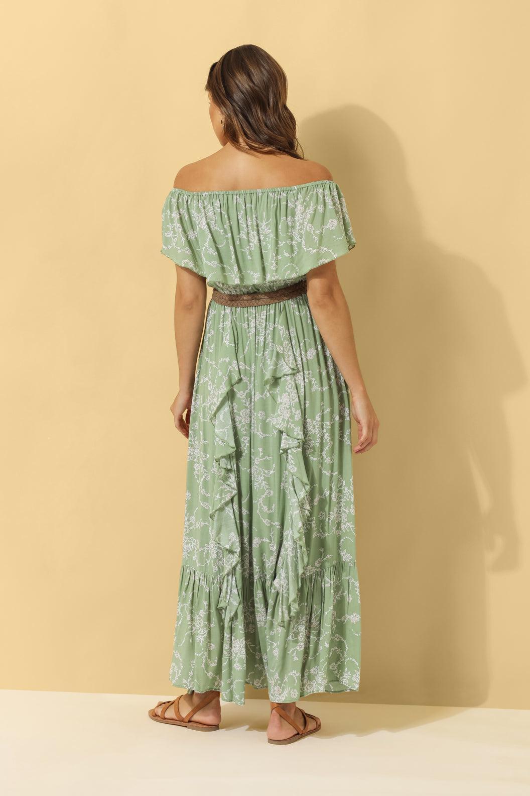 Carmen Frill Maxi Dress ~ Sage Floral
