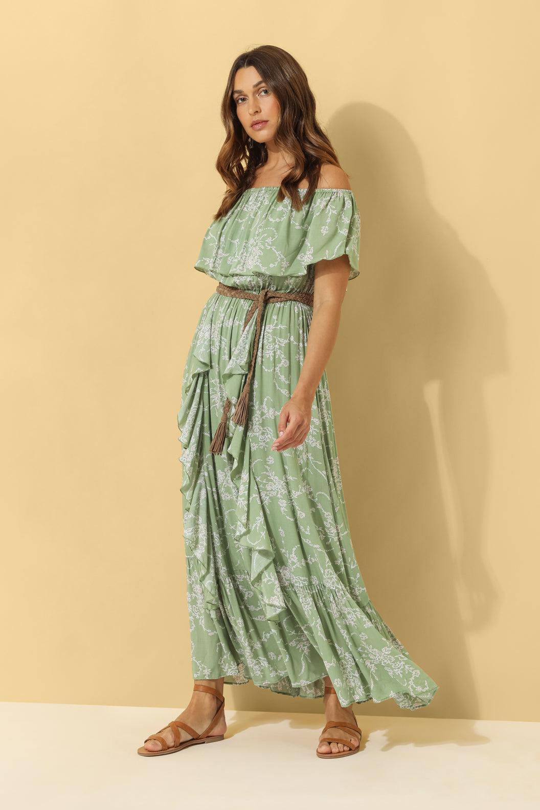 Carmen Frill Maxi Dress ~ Sage Floral