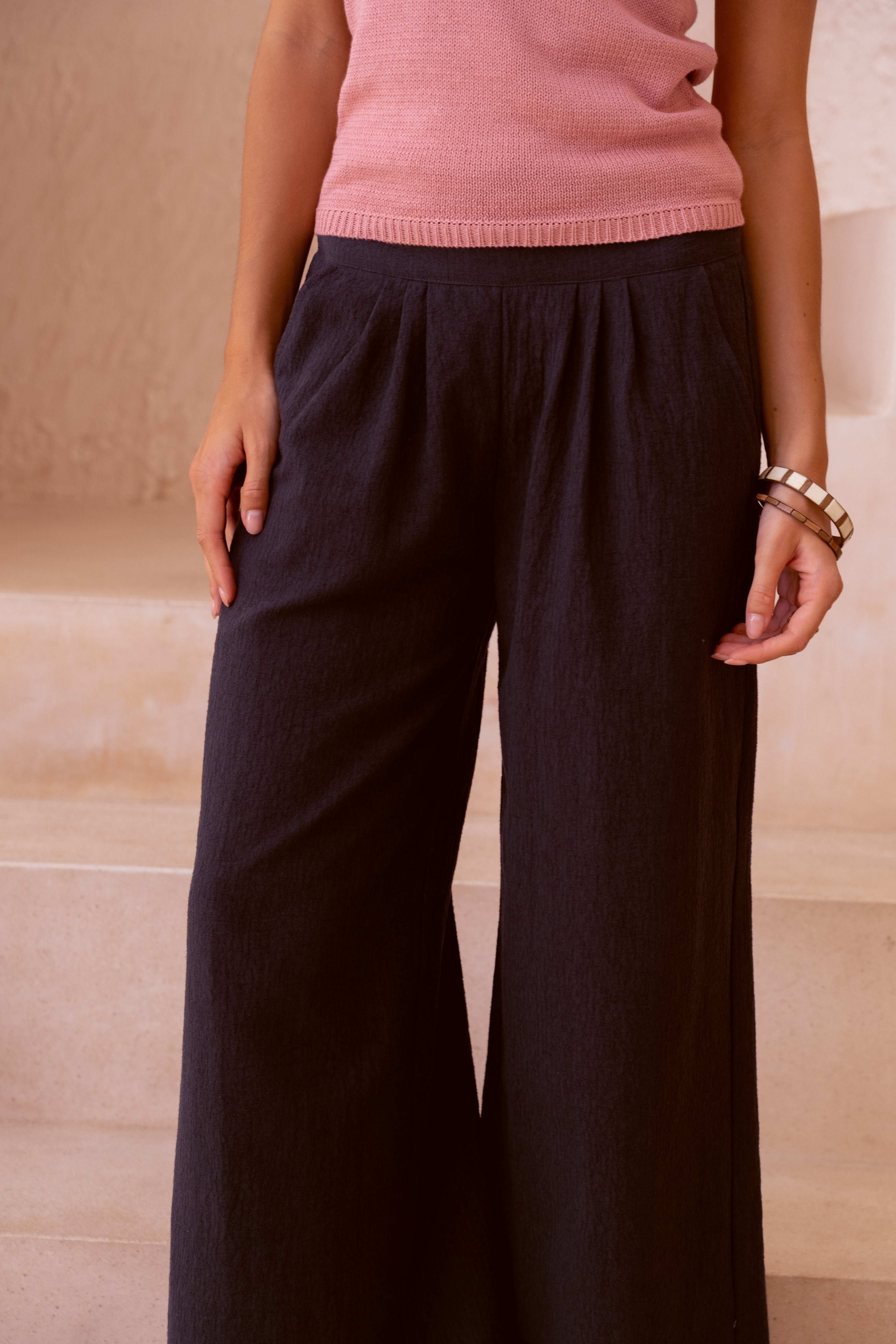 Harla cotton and linen trousers with black with pink rose 100% cotton knit tank top