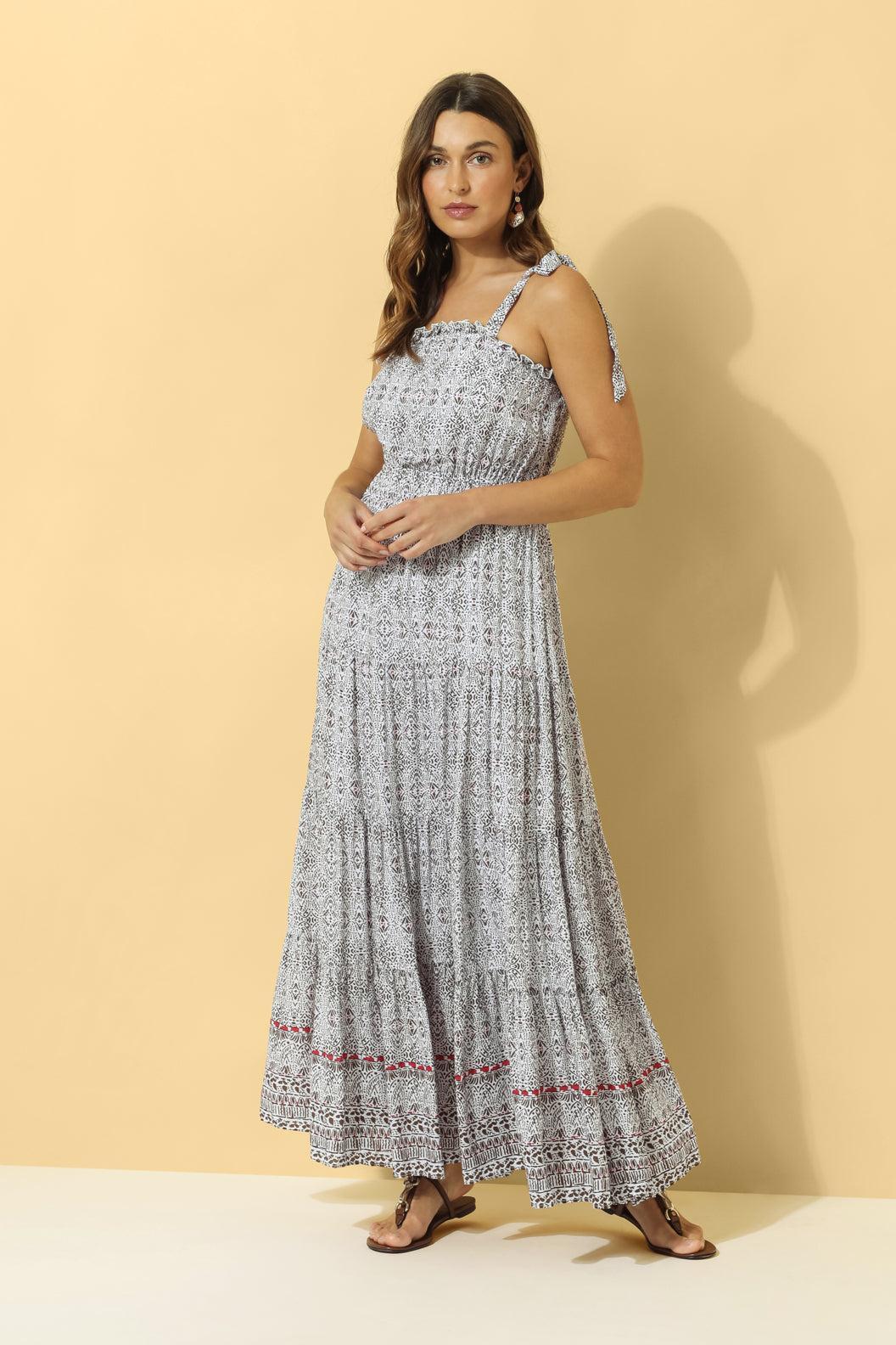 Harla maxi tiered panel dress white and mocha print