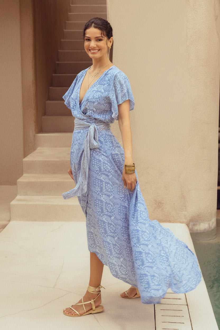 Harla powder blue and grey print maxi wrap dress with powder grey waist sash