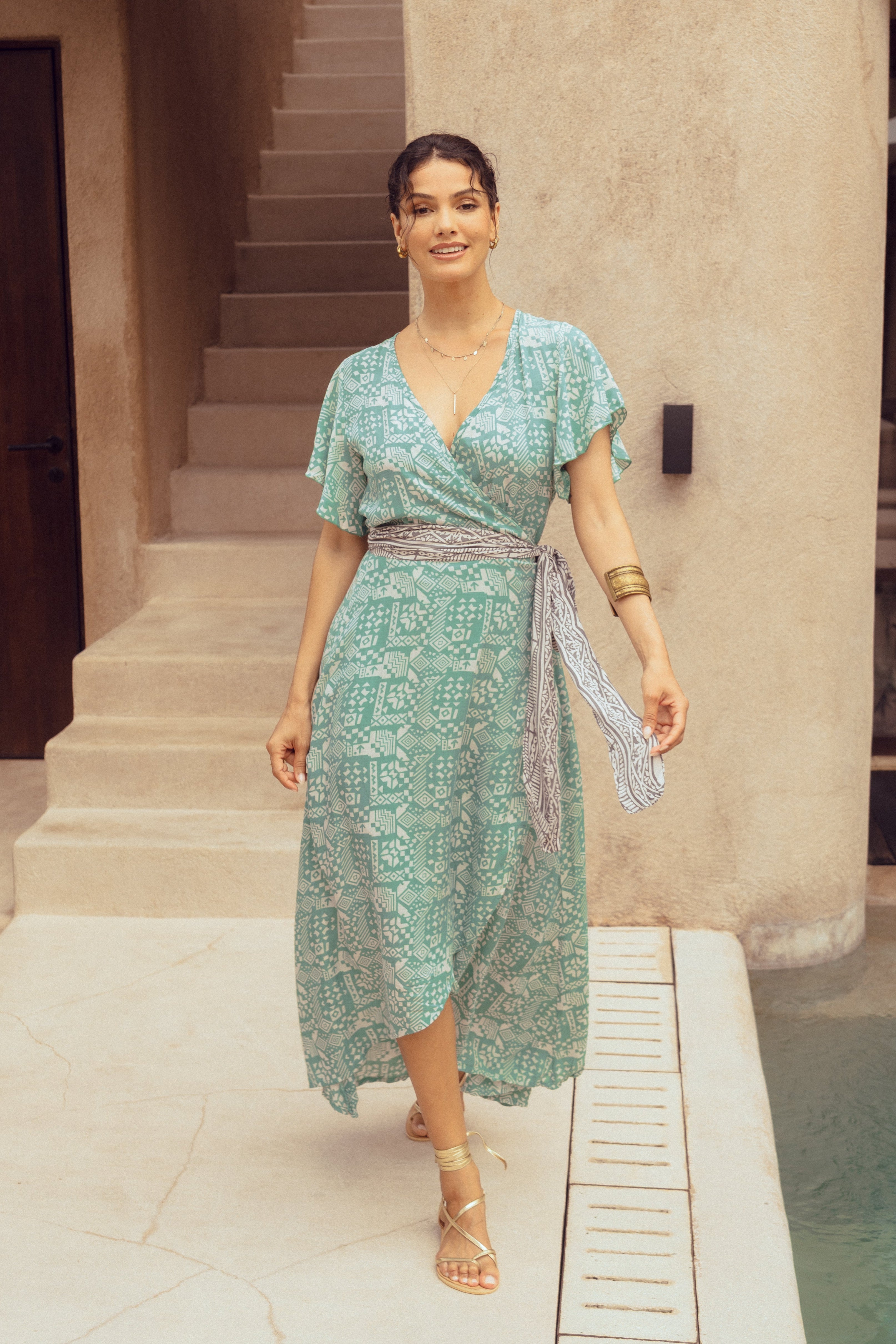 Harla emerald print maxi wrap dress with powder grey waist sash
