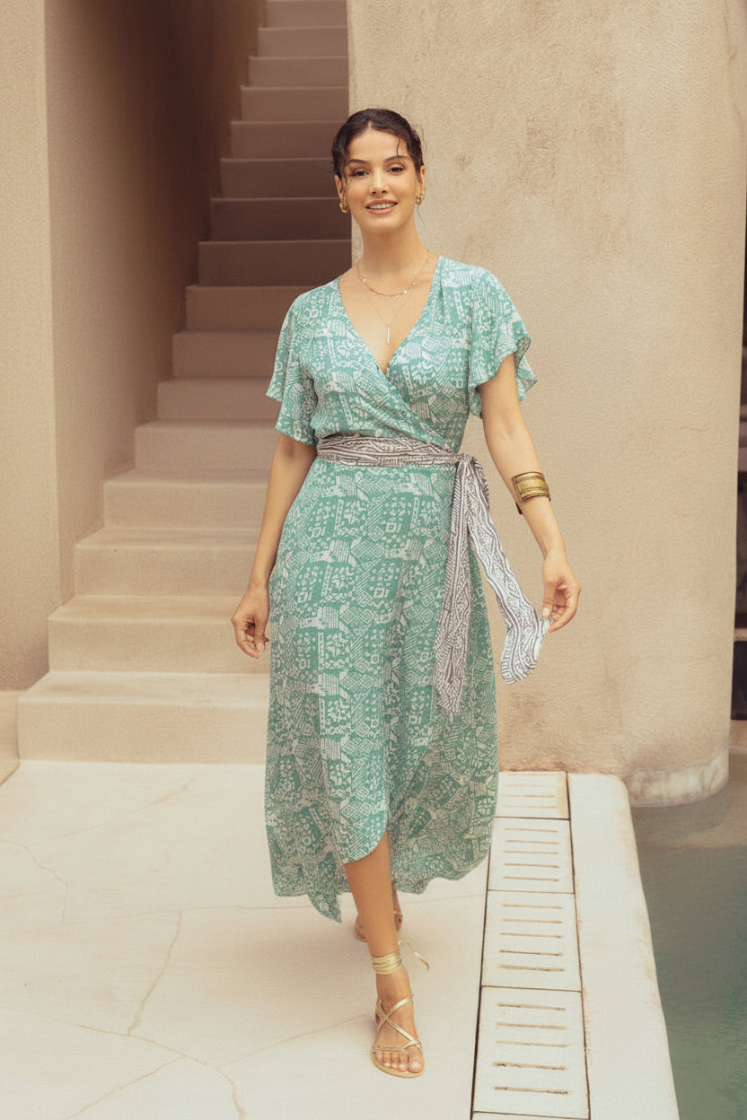 Harla emerald print maxi wrap dress with powder grey waist sash