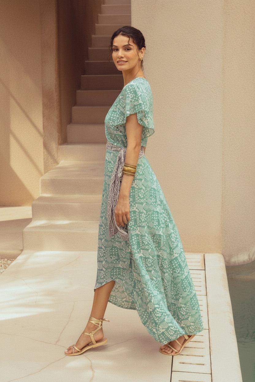 Harla emerald print maxi wrap dress with powder grey waist sash