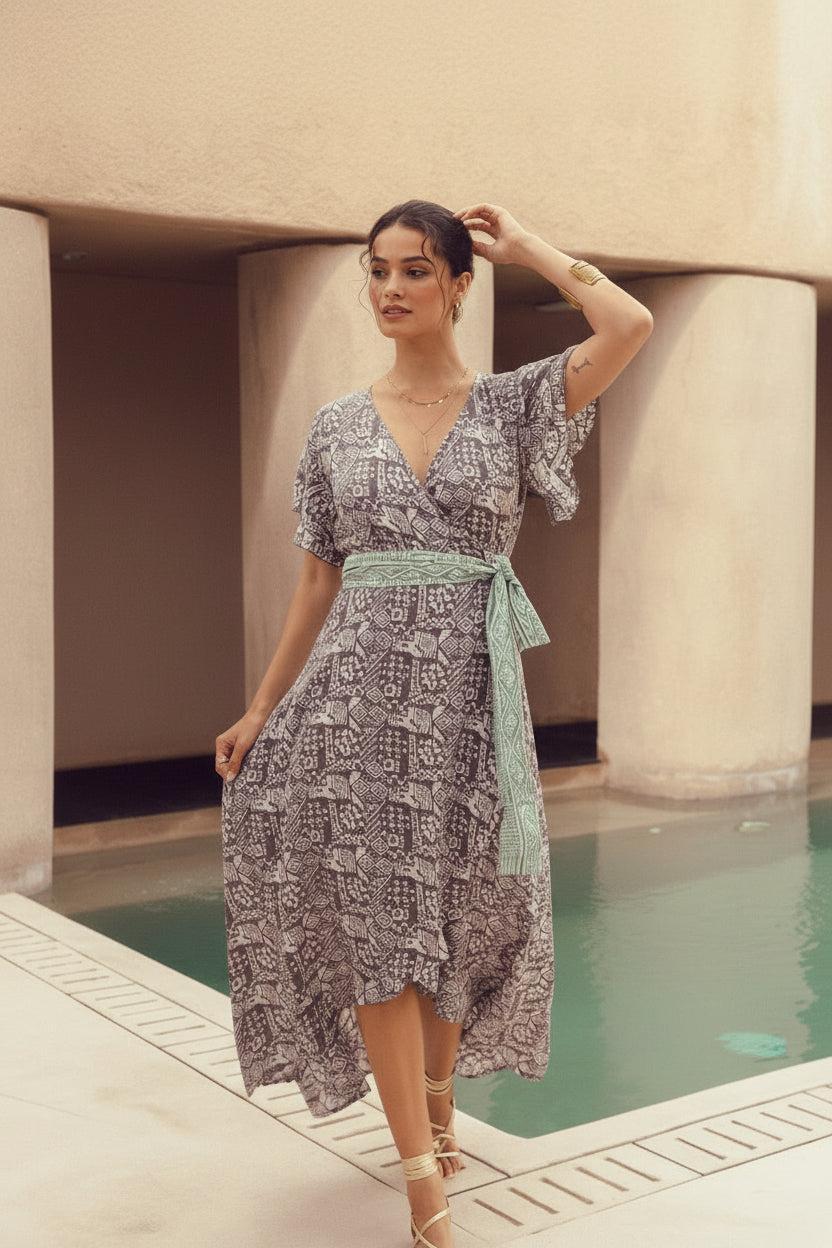 Harla powder grey with emerald waist sash maxi wrap dress