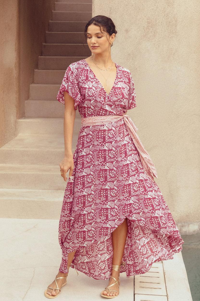 Harla dusty rose maxi wrap dress with pink sash belt