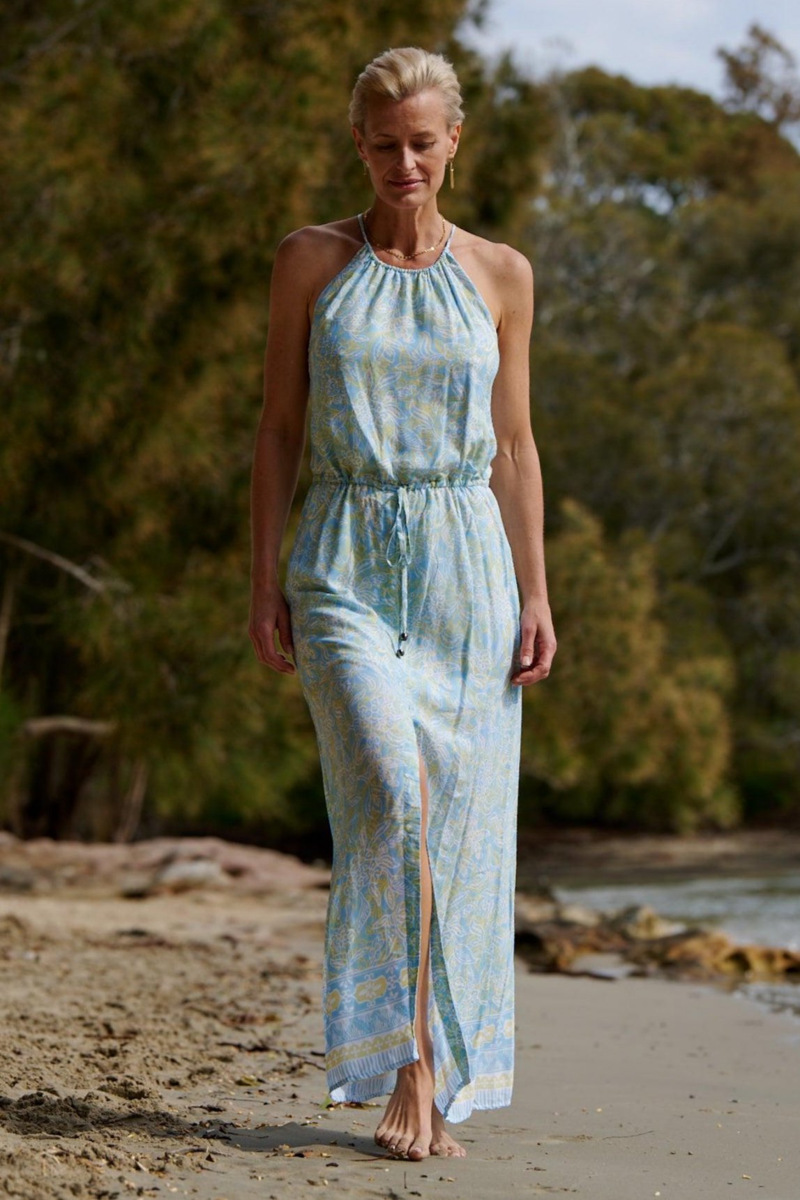 Lyla Drawstring Halterneck Dress ~ Aqua Batik