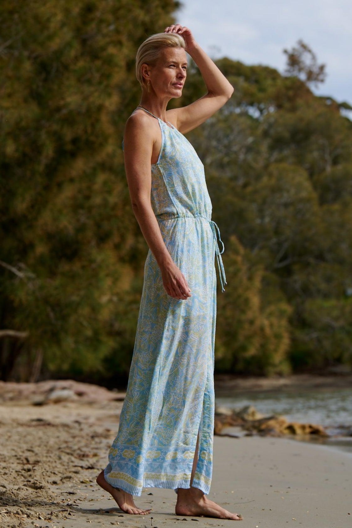 Lyla Drawstring Halterneck Dress ~ Aqua Batik