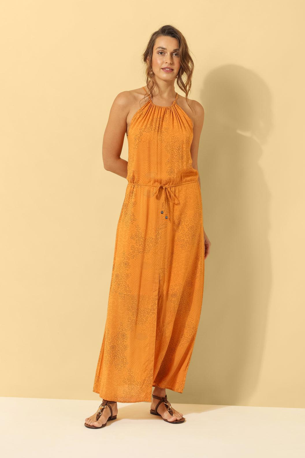 Lyla Drawstring Halterneck Dress ~ Burnt Orange