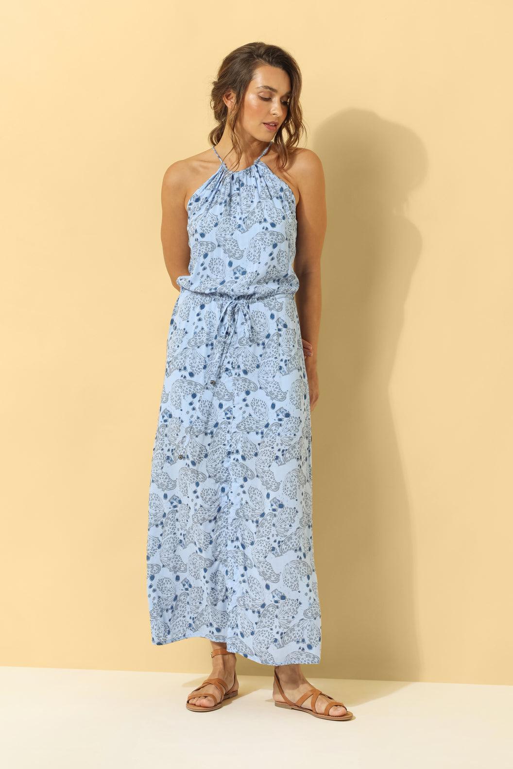 Lyla Drawstring Halterneck Dress ~ Baby Blue Butterfly