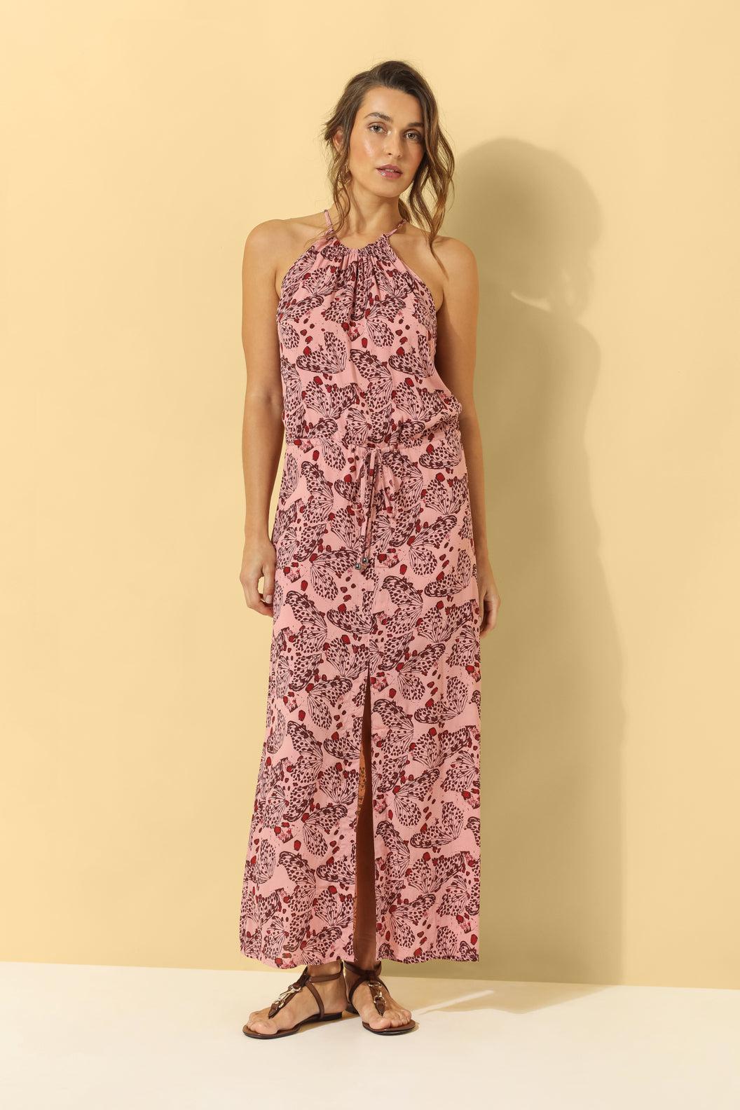 Lyla Drawstring Halterneck Dress ~ Dusty Pink Butterfly