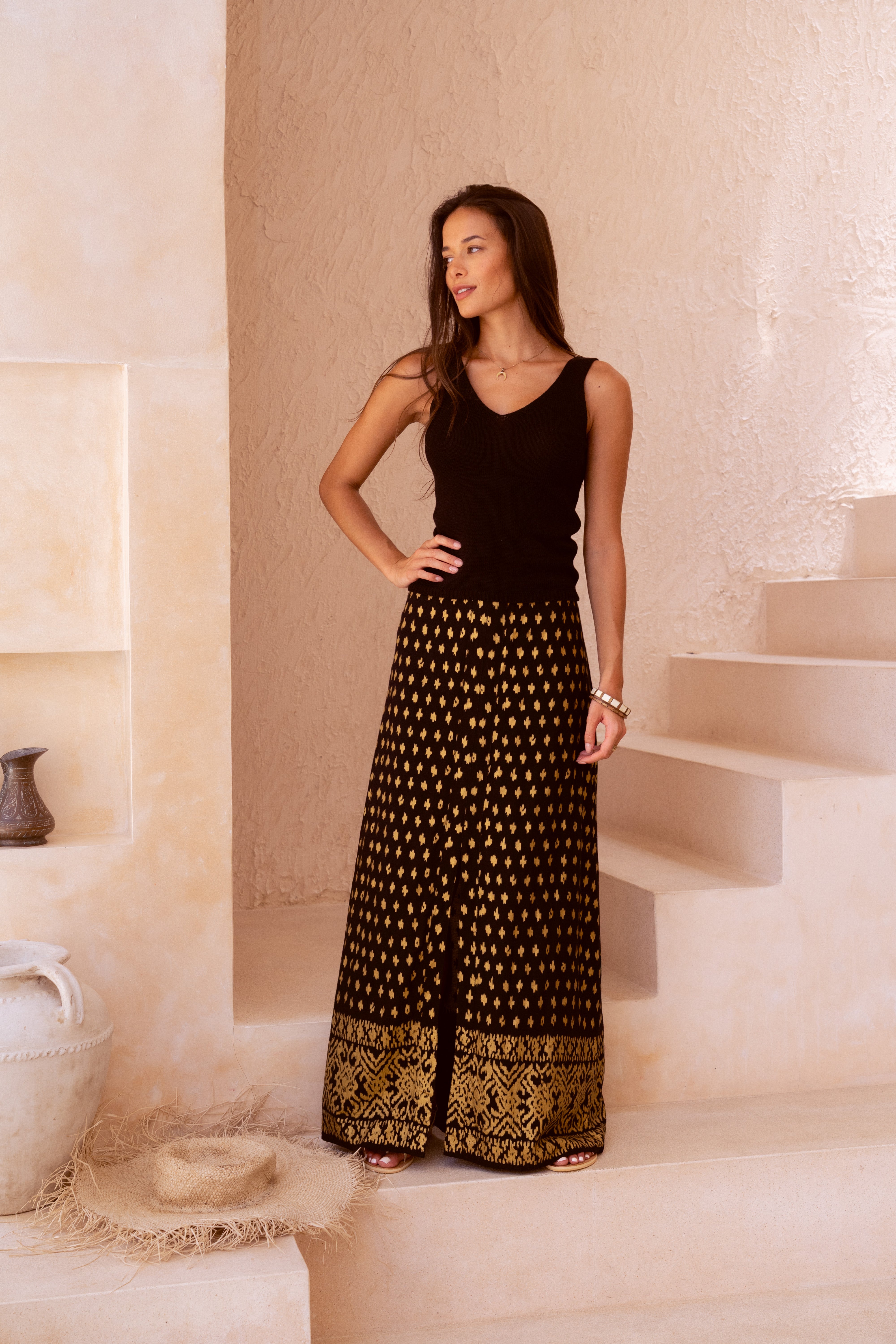 Harla black and gold maxi skirt and 100% cotton black knit tank top
