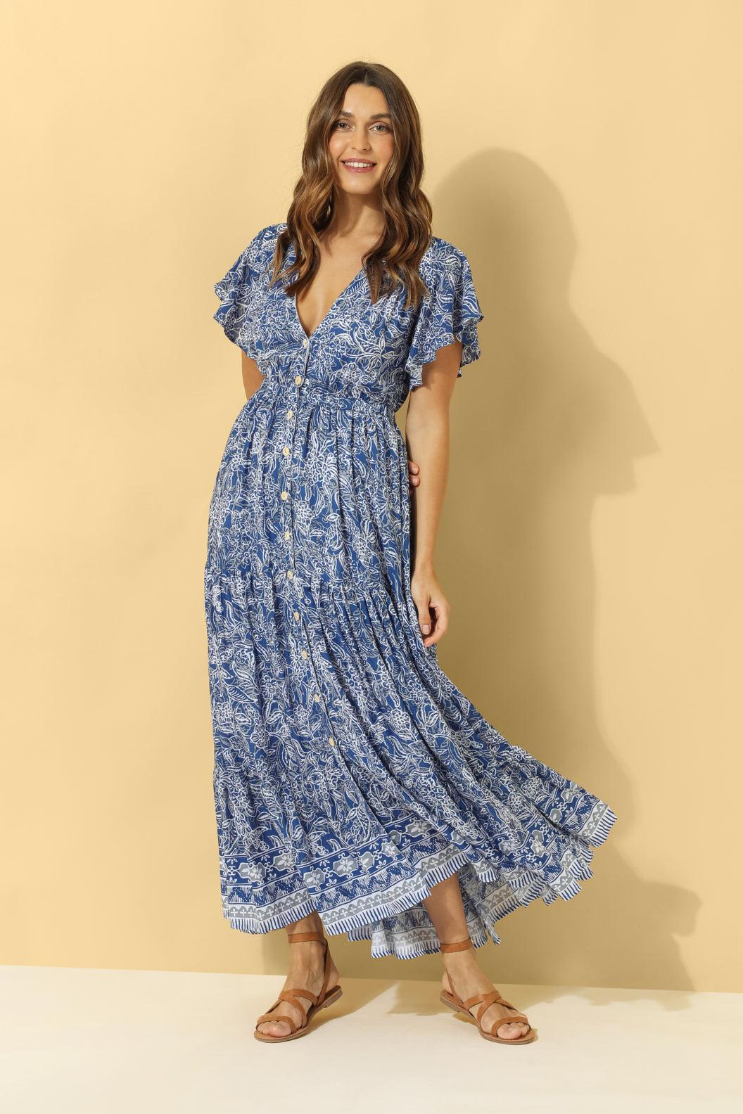 Harla navy maxi dress with bell sleeves and full skirt