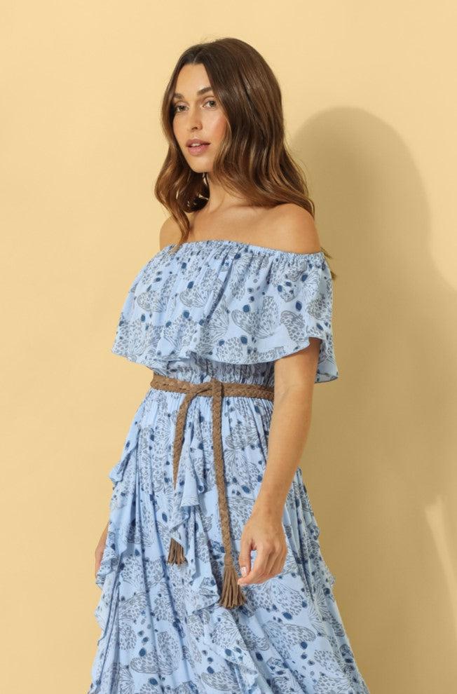 Carmen Frill Maxi Dress ~ Baby Blue Butterfly