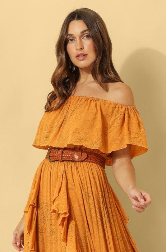 Carmen Frill Maxi Dress ~ Burnt Orange