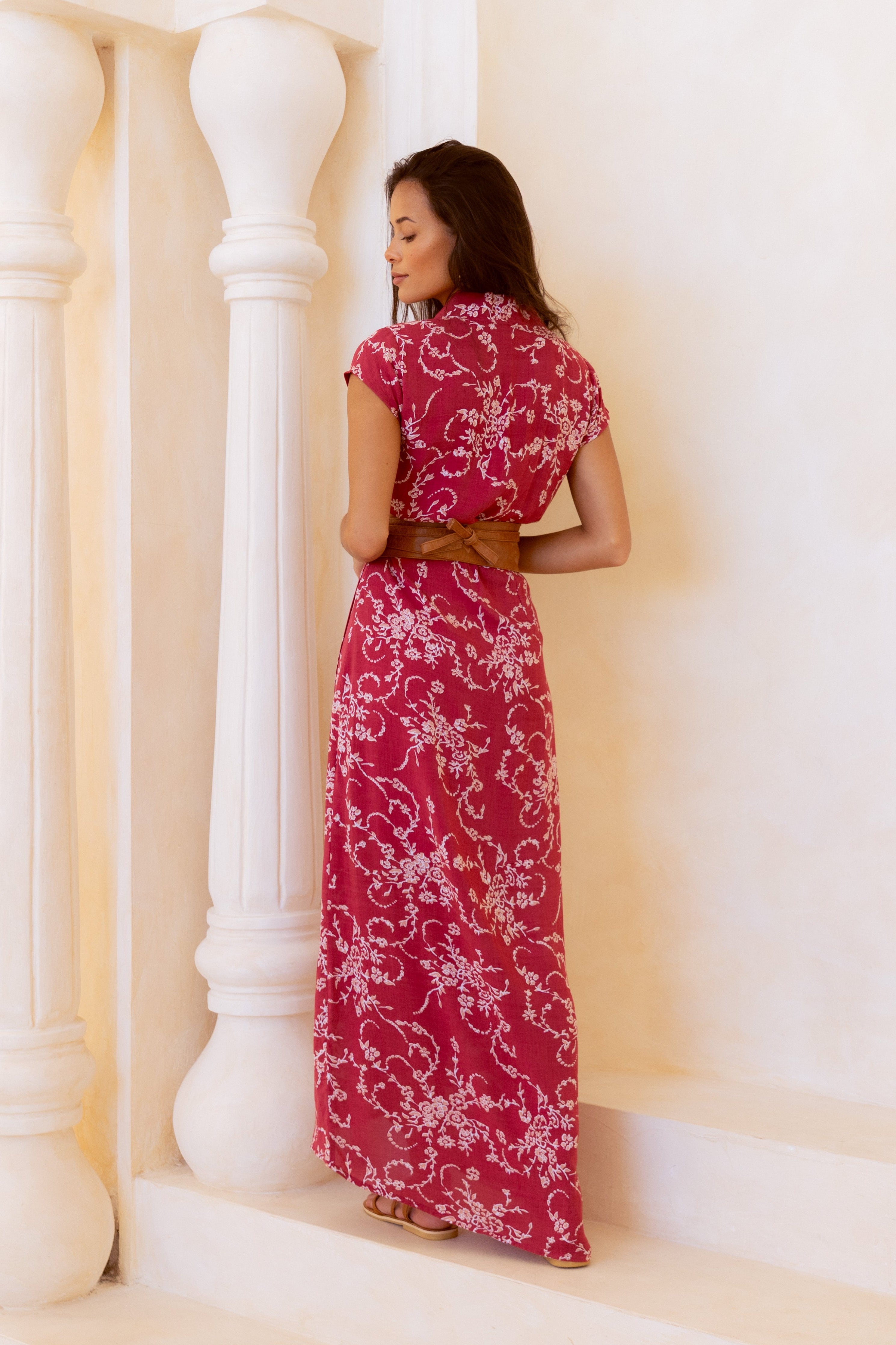 Red and pink floral maxi wrap dress
