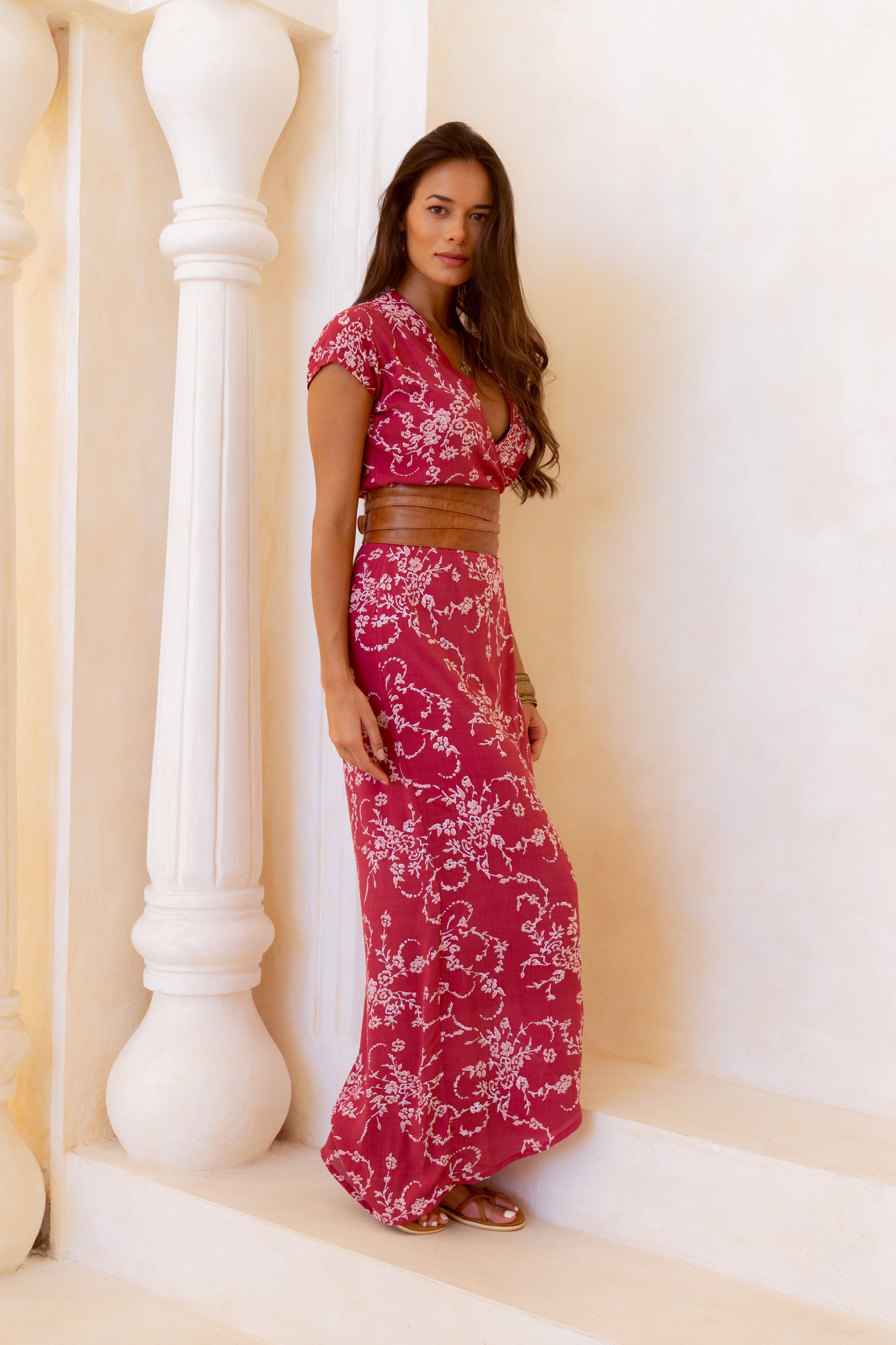 Red and pink floral maxi wrap dress