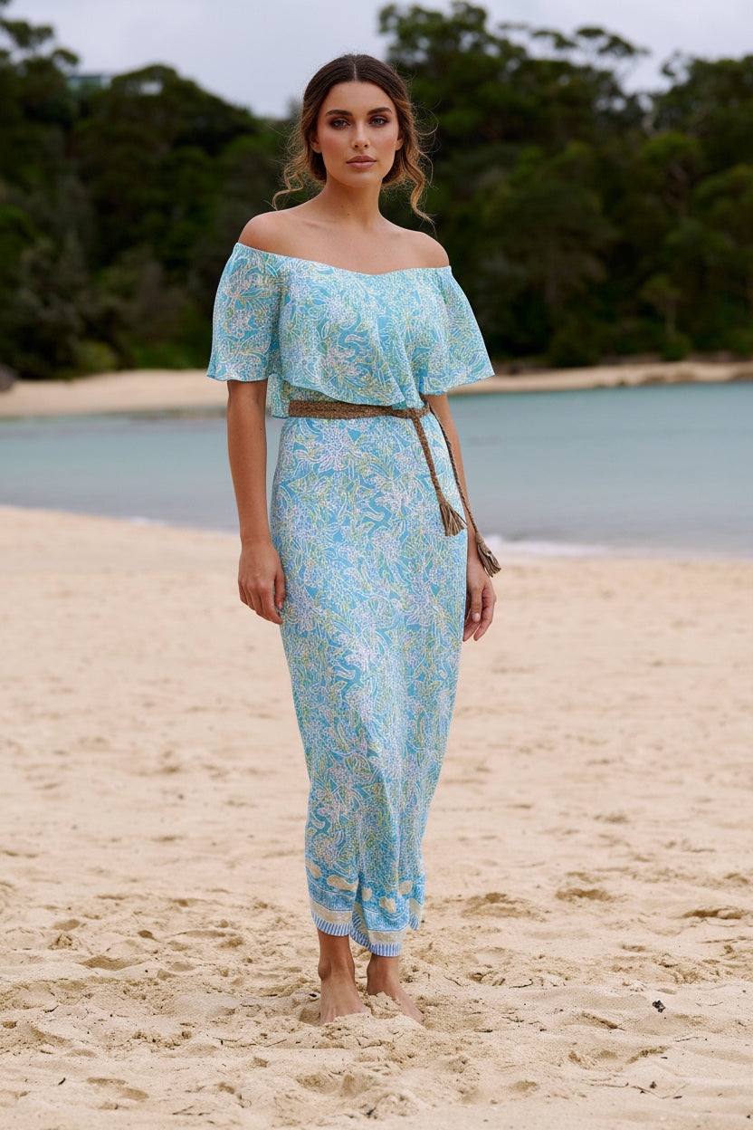 Harla off the shoulder maxi dress aqua and lemon print