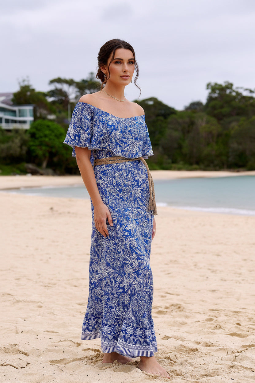 Harla off the shoulder maxi dress navy and silver print