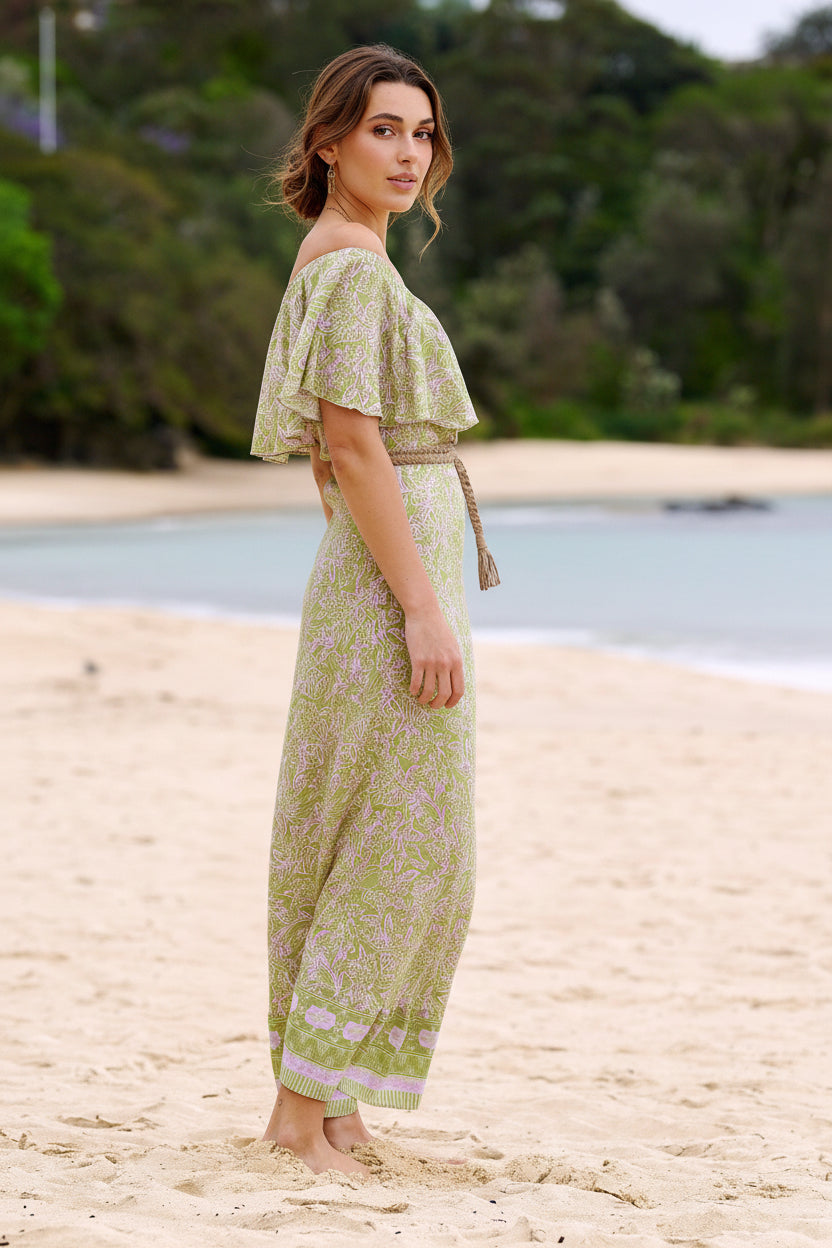 Harla off the shoulder maxi dress sage and lavender print