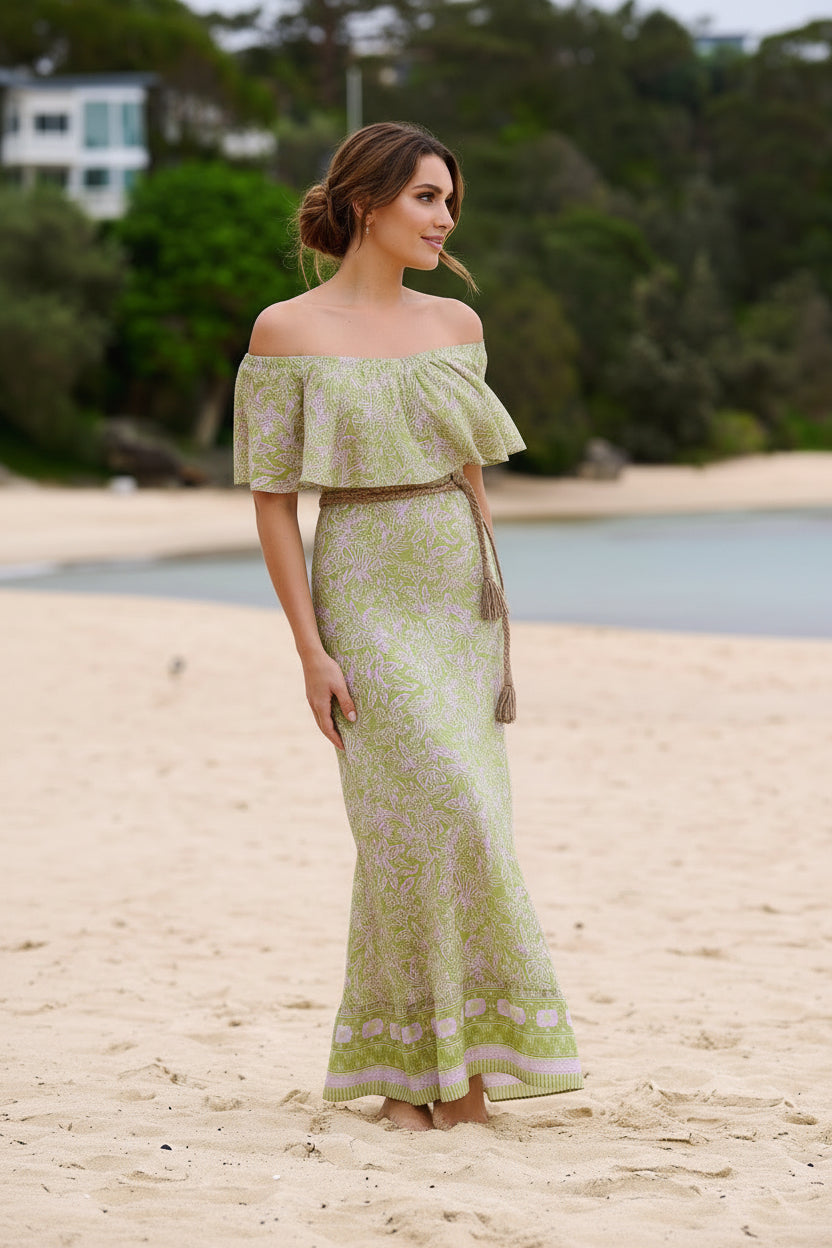 Harla off the shoulder maxi dress sage and lavender print