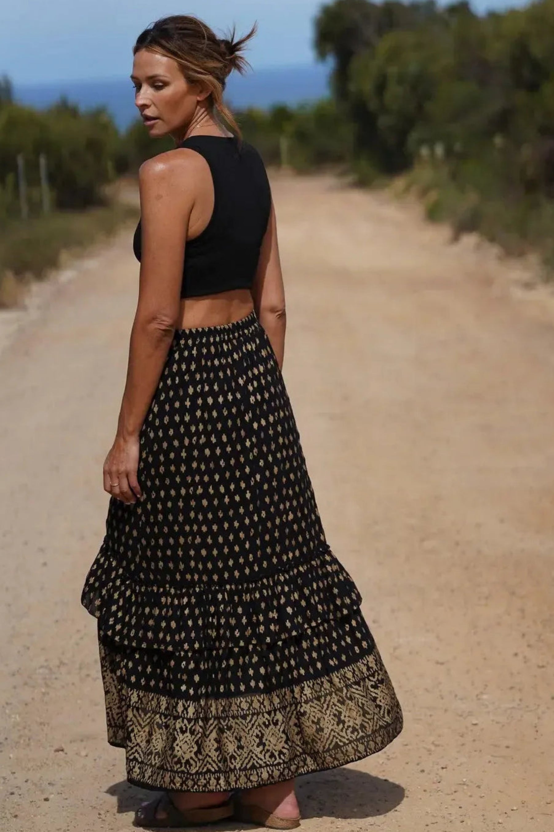 Harla black and shimmering gold maxi ruffle skirt