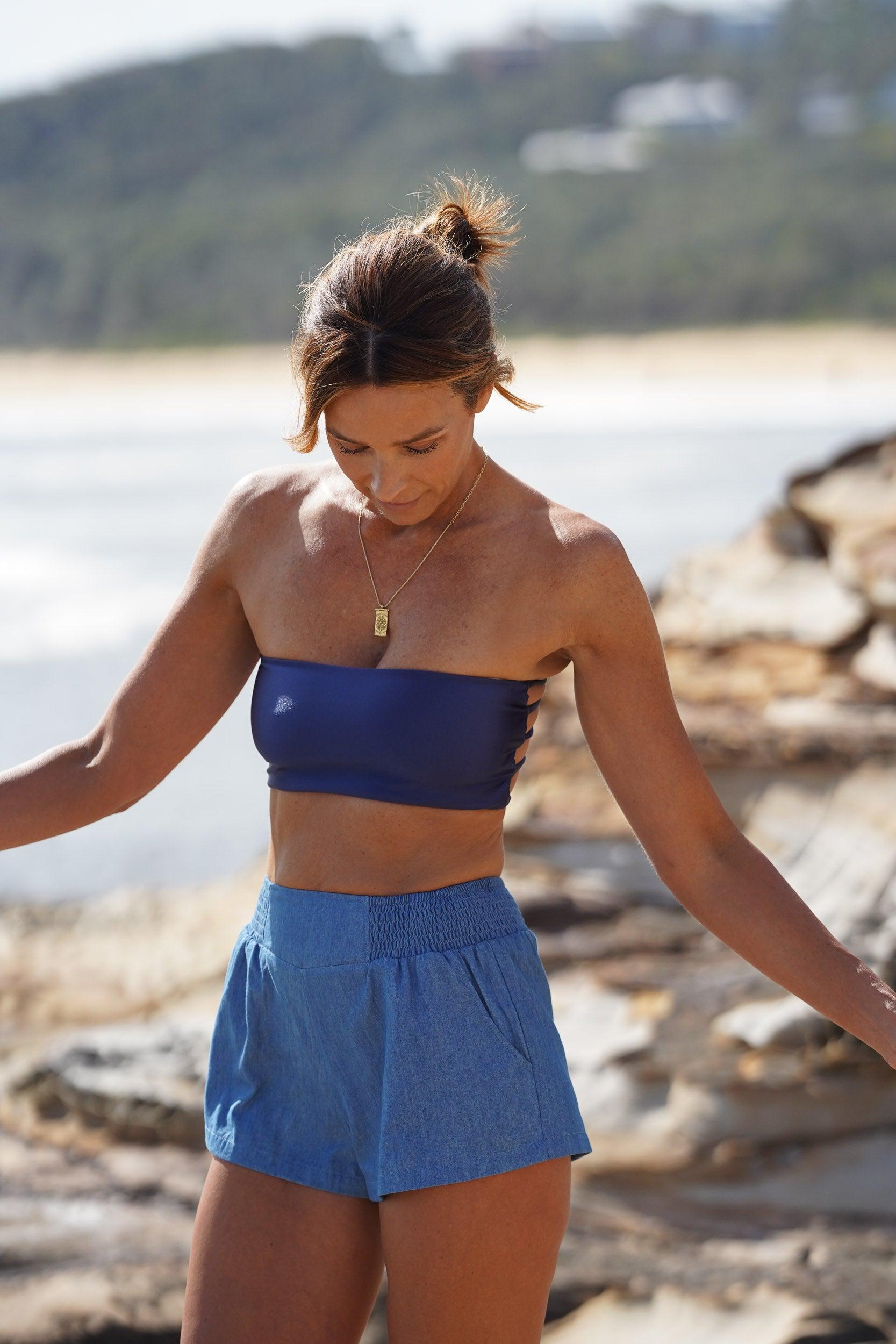 Amal Bikini~Bandeau ~ Shimmering Navy & Ivory-Swimwear-Harla