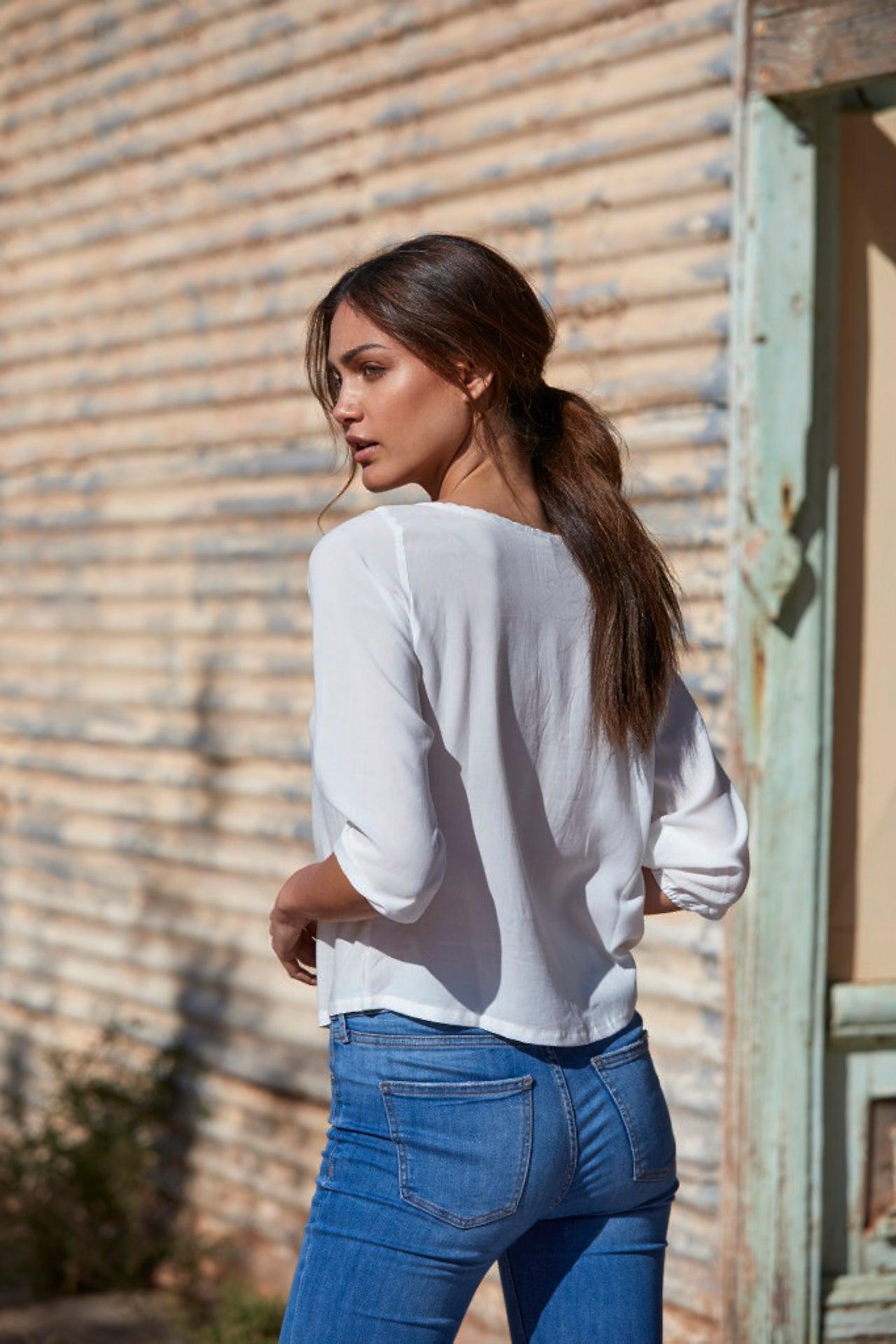 Amelia Pleated Crepe Blouse ~ White-Top-Harla