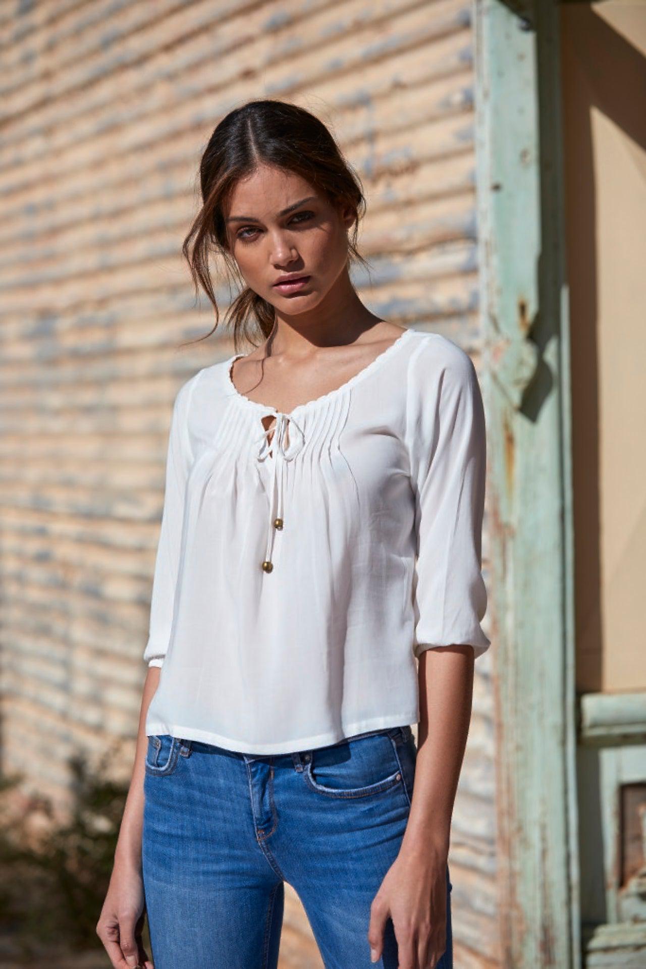 Amelia Pleated Crepe Blouse ~ White-Top-Harla