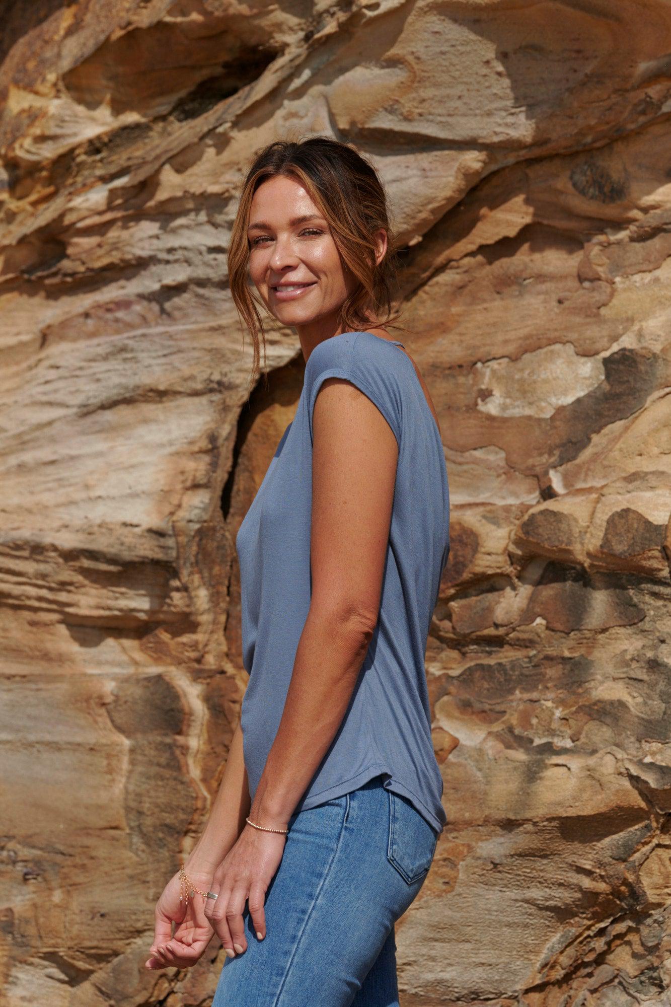 Ava 100% Bamboo Draped Back T. ~ Blue-Top-Harla