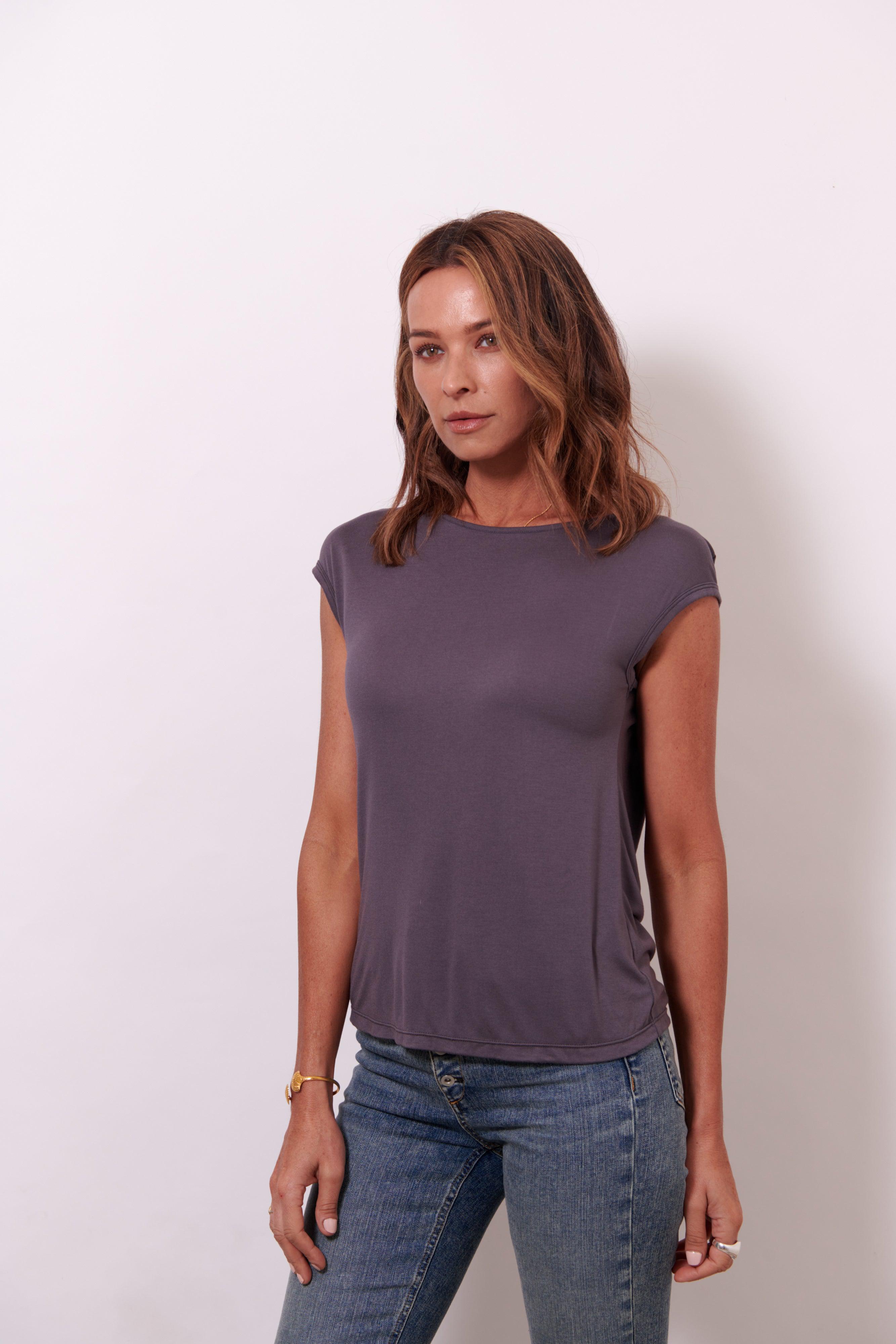 Ava 100% Bamboo Draped Back T. ~ Charcoal-Top-Harla