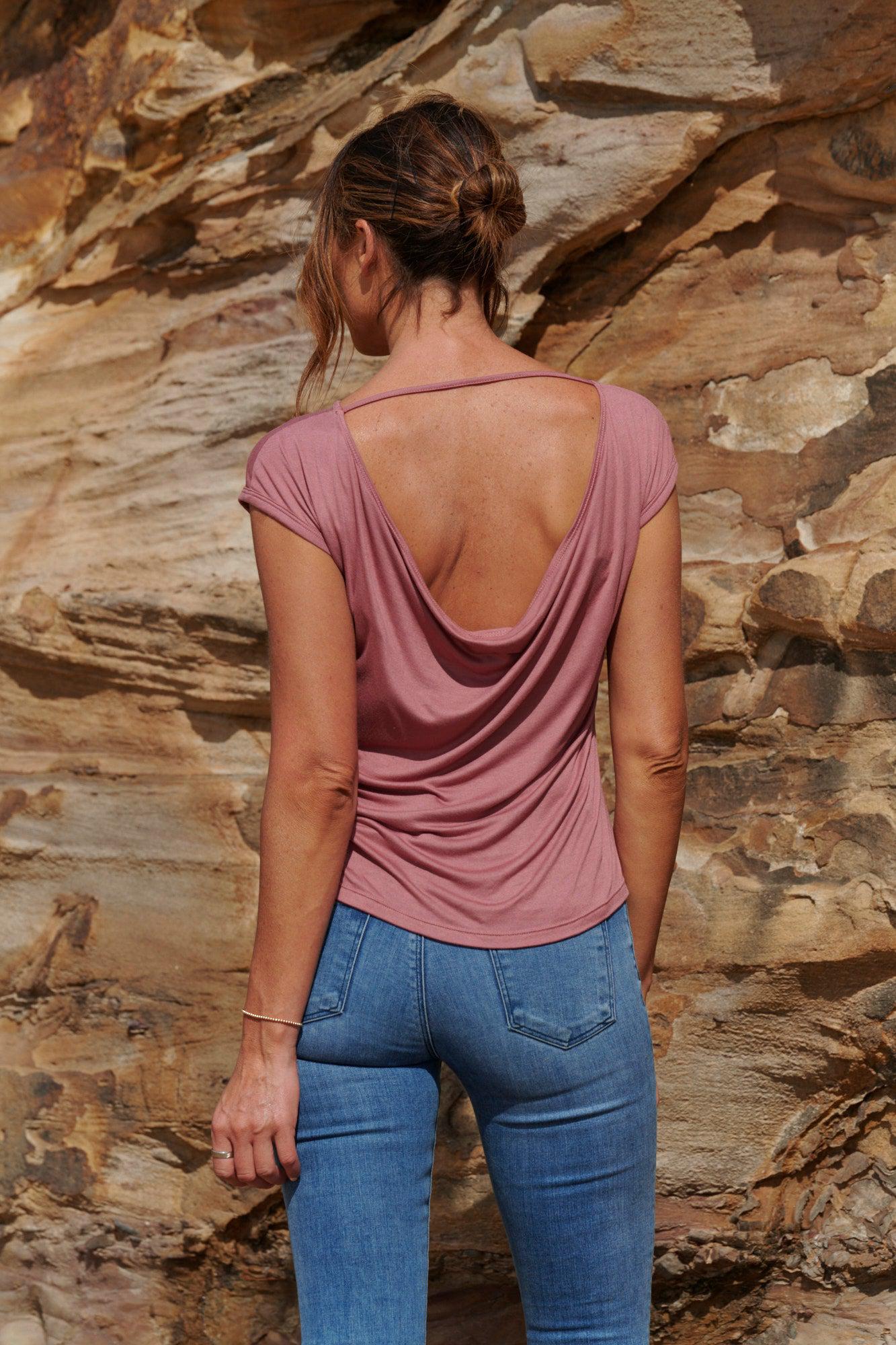 Ava 100% Bamboo Draped Back T. ~ Rich Coral-Top-Harla