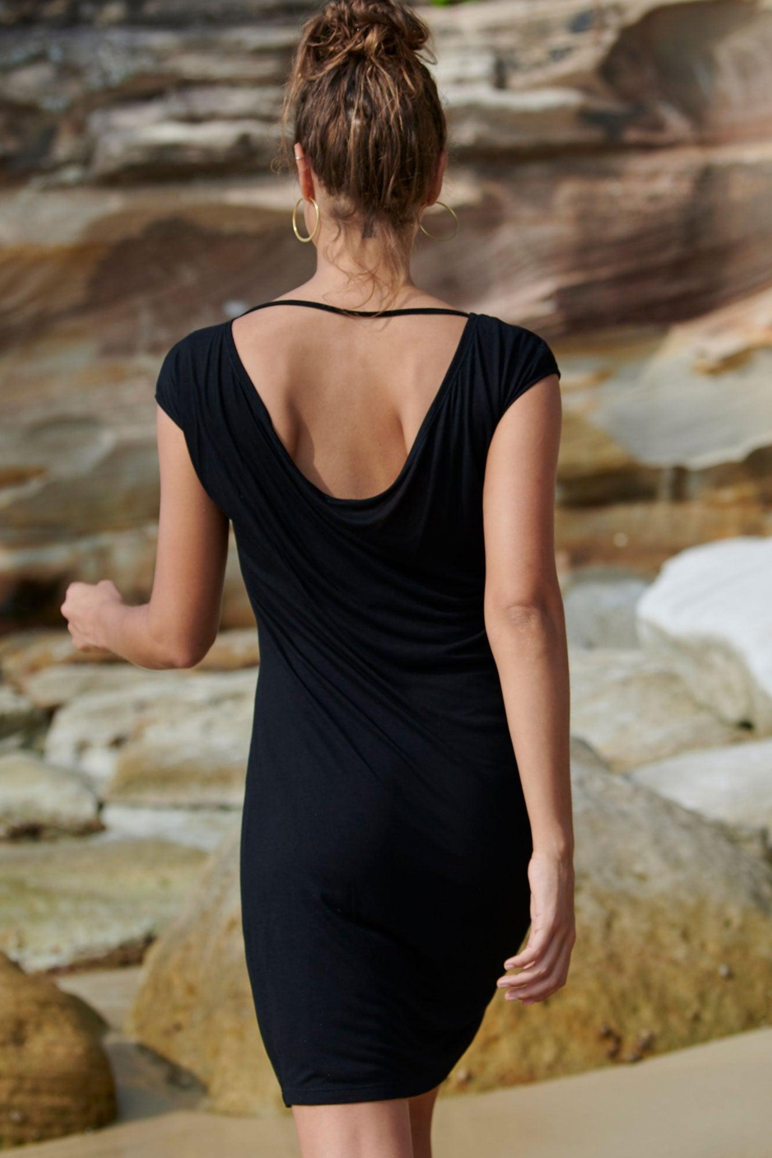 Harla 100% black bamboo draped back mini dress