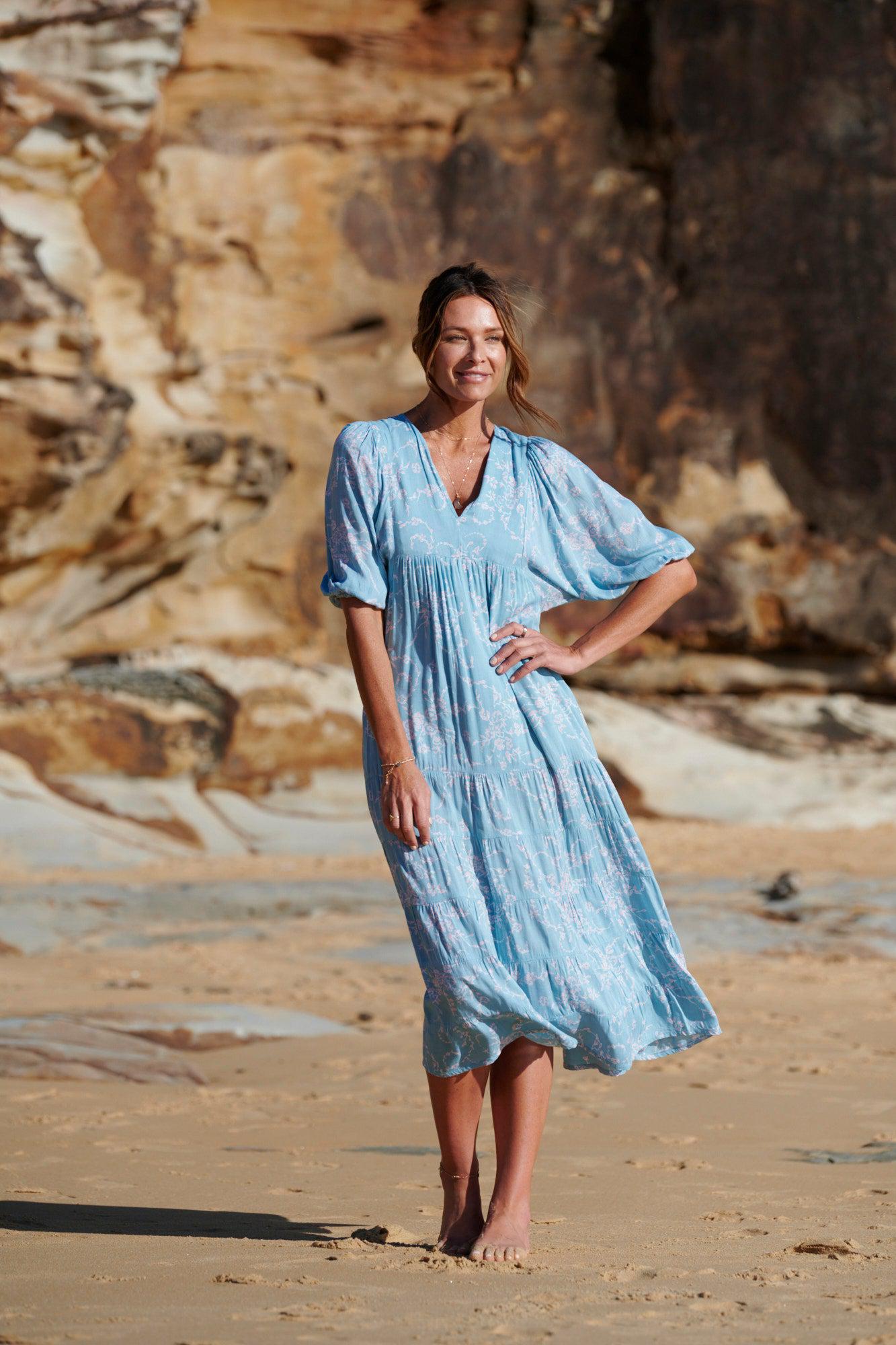 Carla Balloon Sleeve Maxi ~ Aqua Blue-Dress-Harla