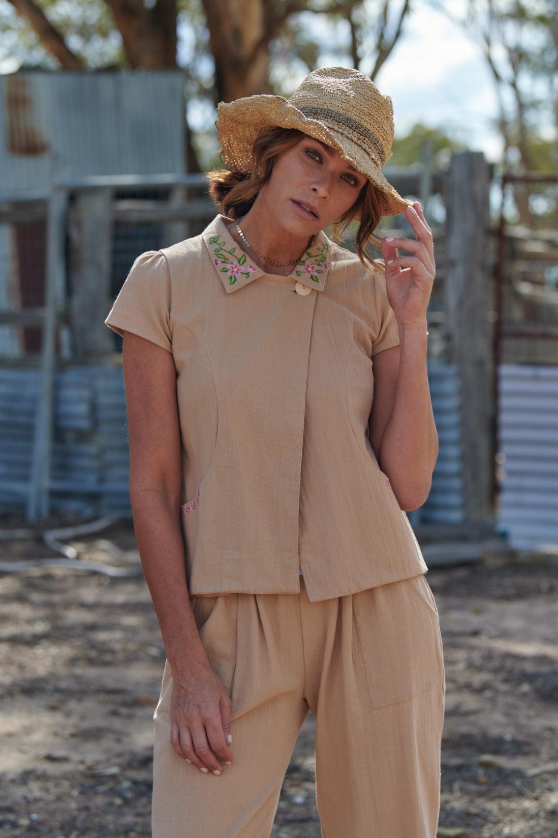 Delilah 100% Cotton Short Sleeve Jacket ~ Embroidered Maple-Jacket-Harla
